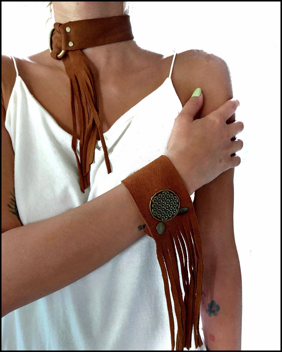 Püsküllü,Taba,Deri bileklik-Kolye/Choker Set