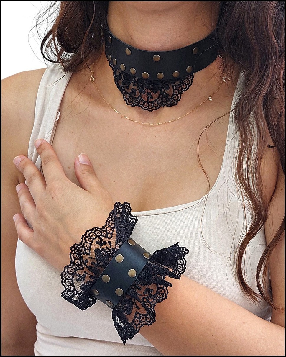 Siyah Dantel Detaylı Deri bileklik-Choker Kolye Set