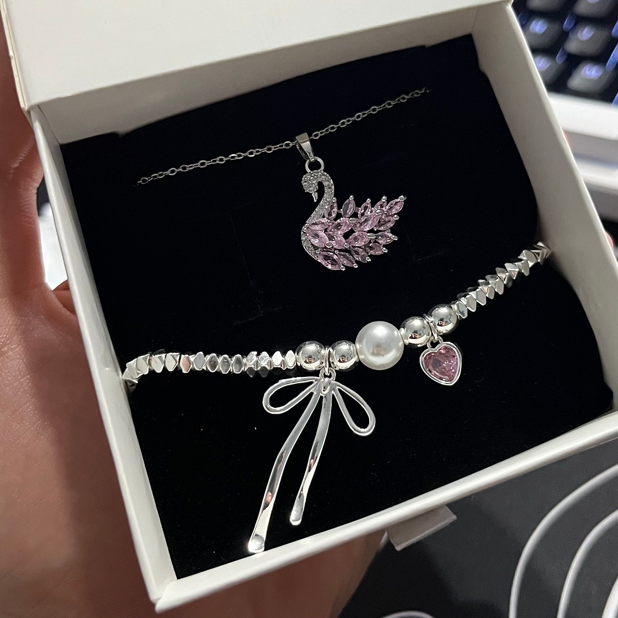 2’li Set Swan Amethyst ve Ribbon Heart