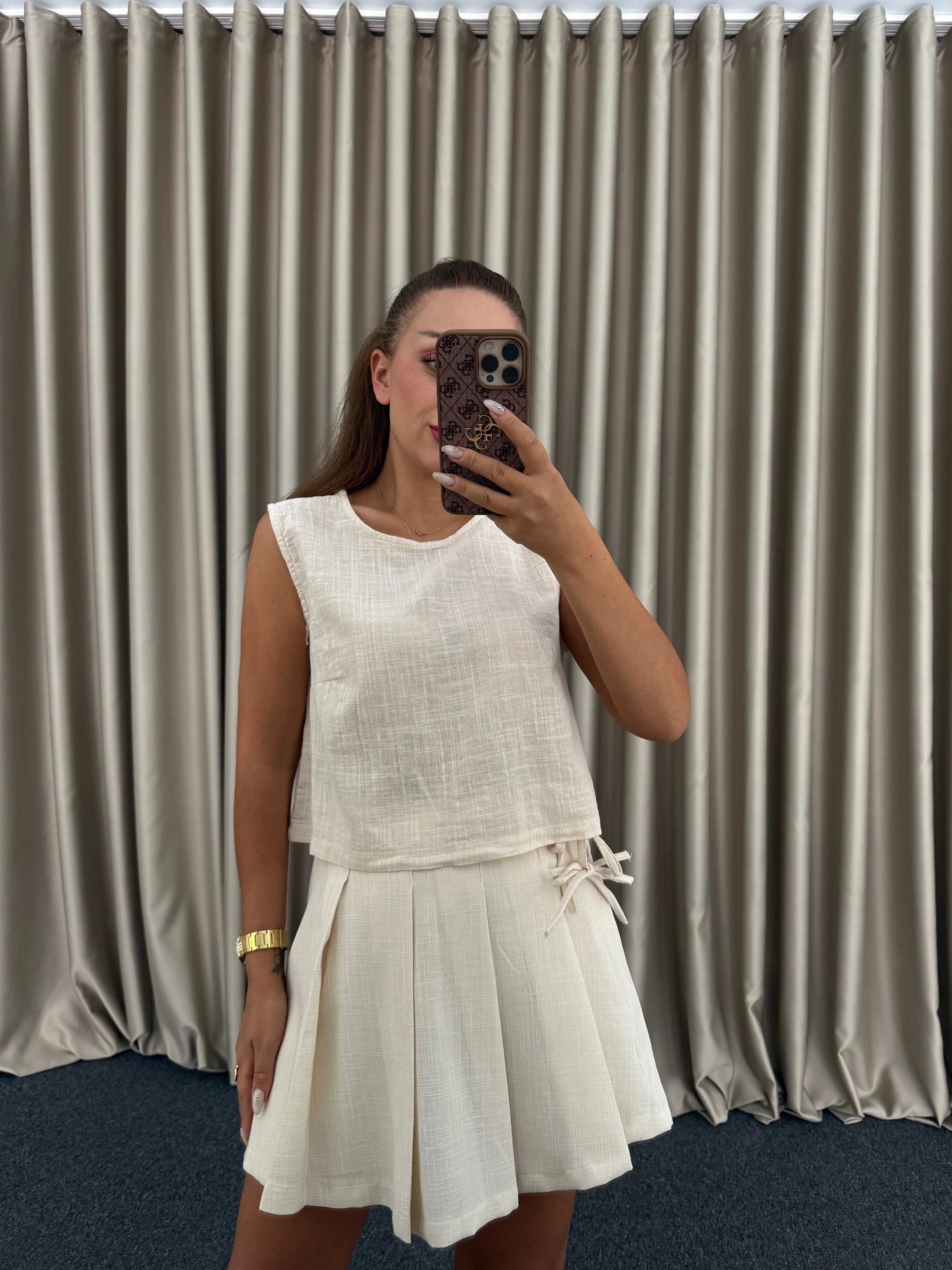 Bej Keten Şortetek Takım