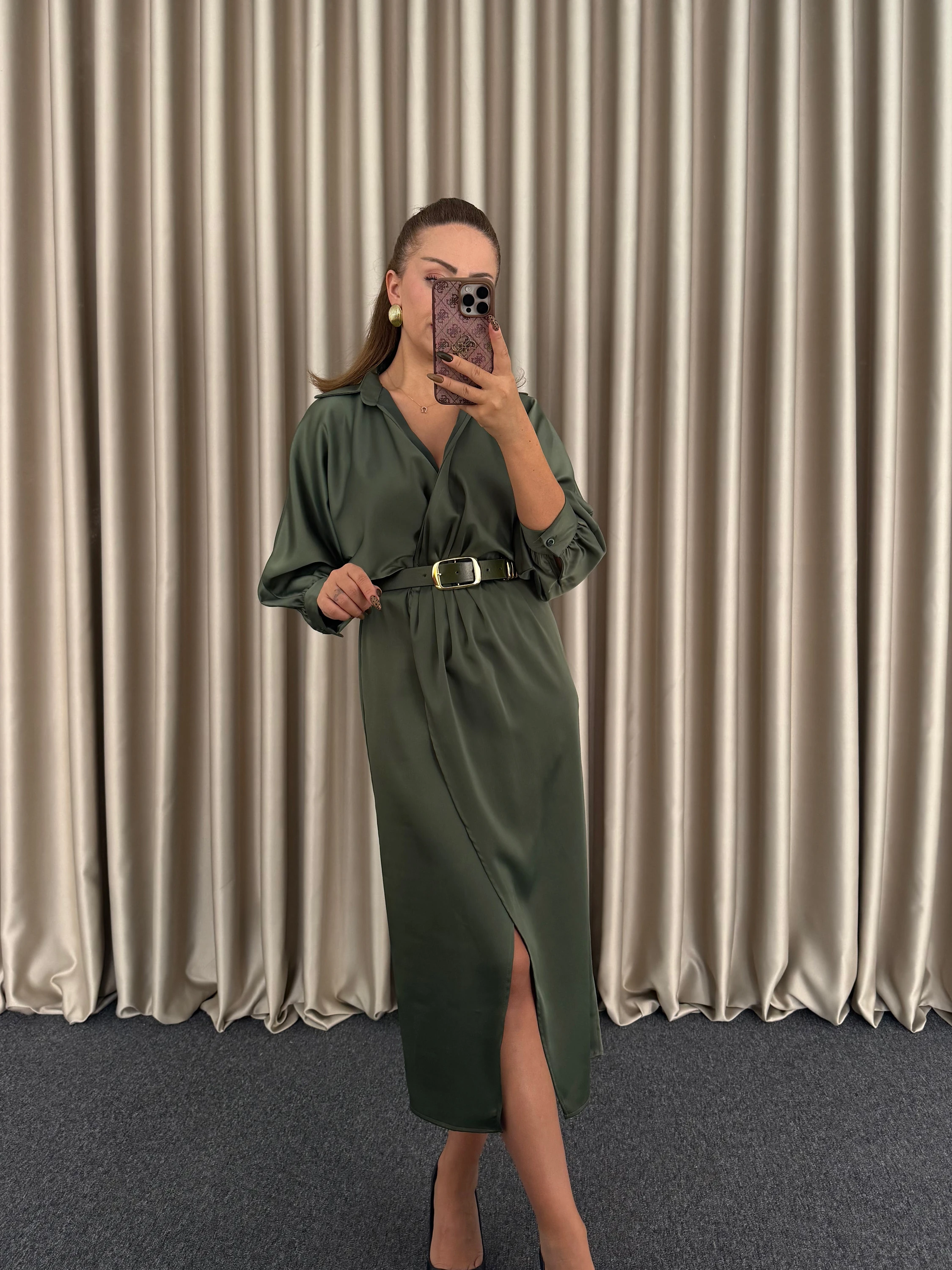 Haki Kemerli Saten Elbise