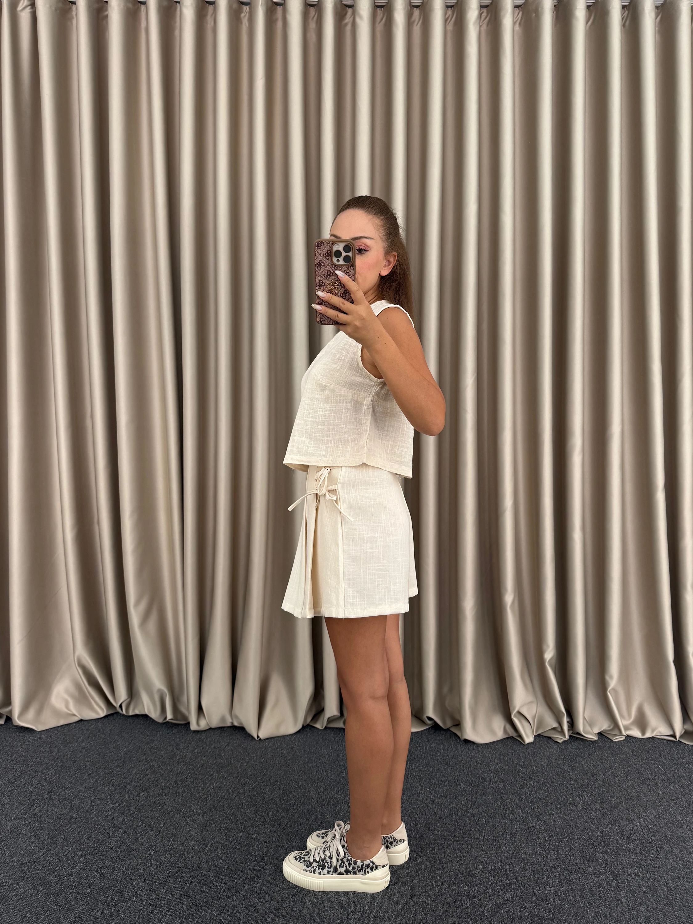 Bej Keten Şortetek Takım