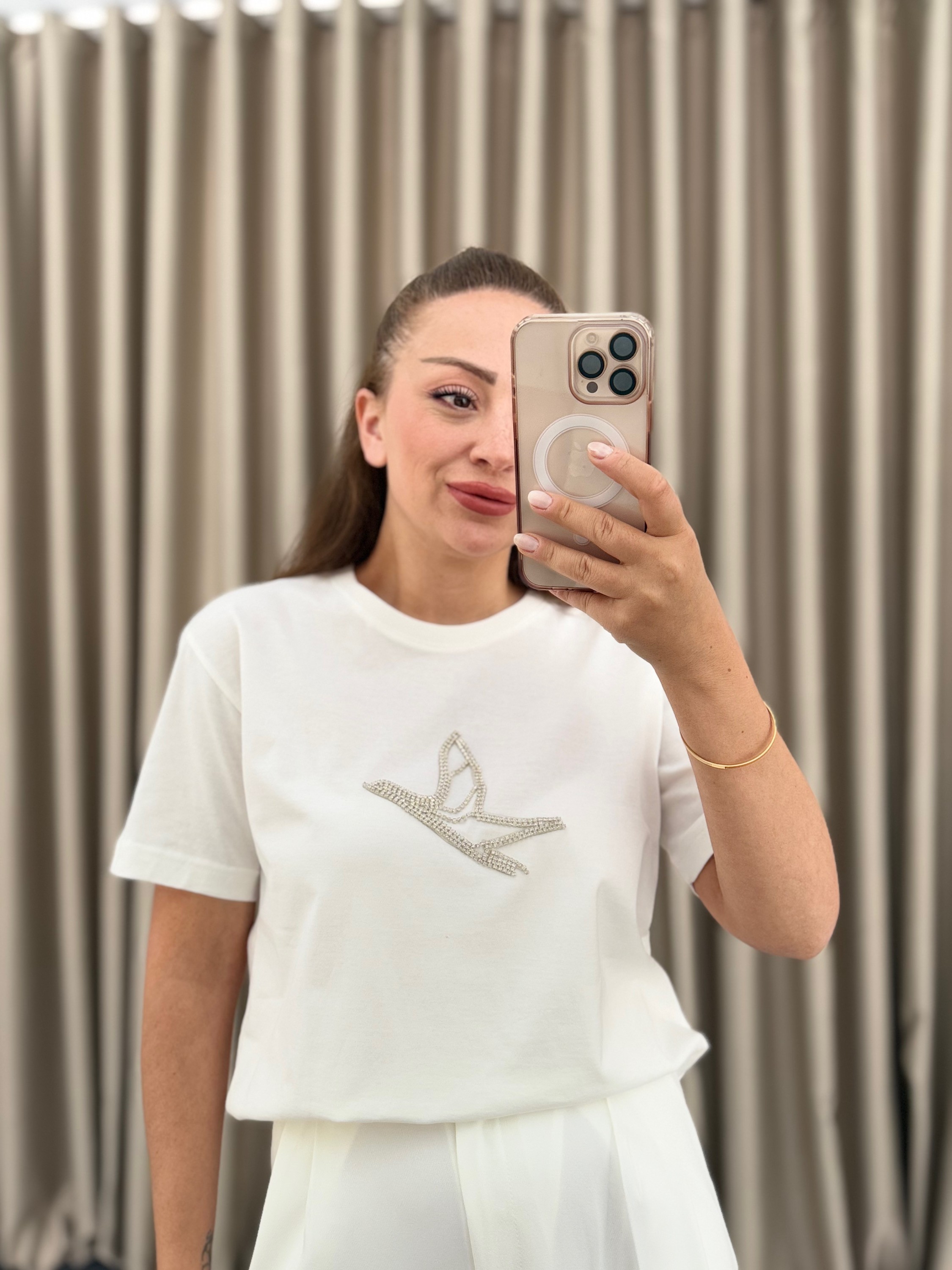 Beyaz Zirkon Taşlı Tişört