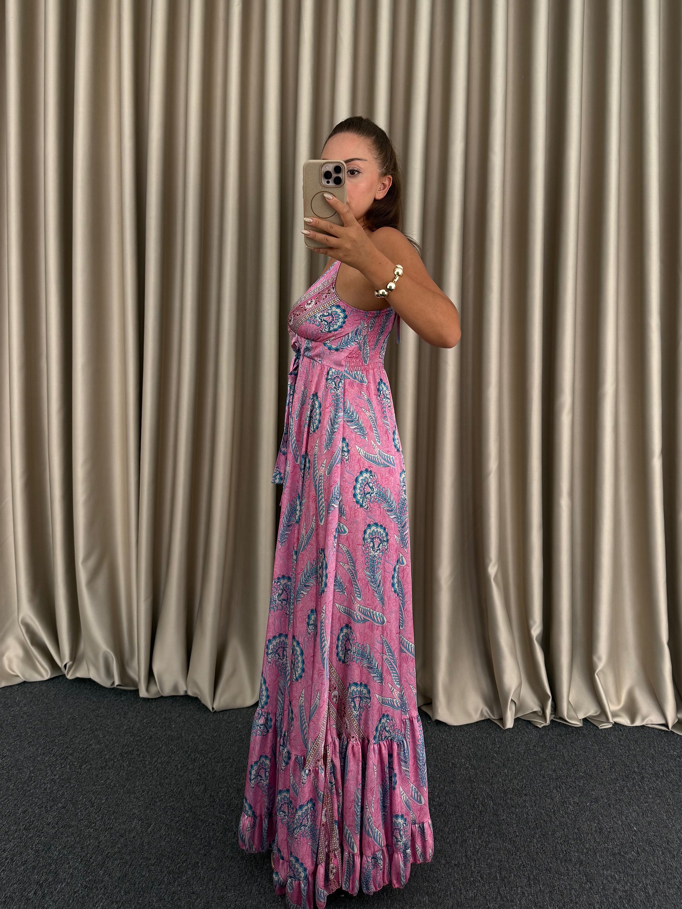 Pembe İpek Saten Elbise