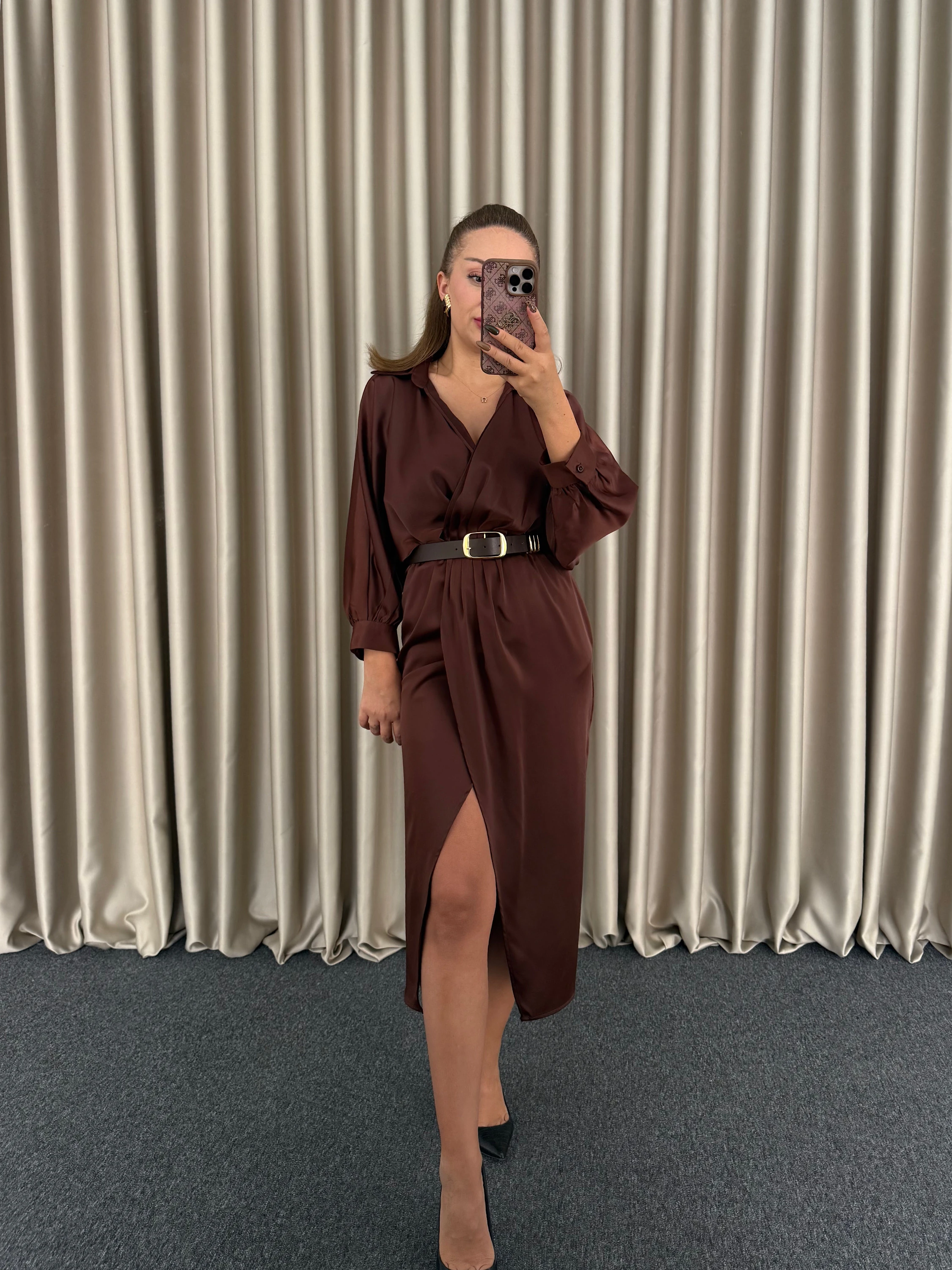 Acı Kahve Saten Elbise