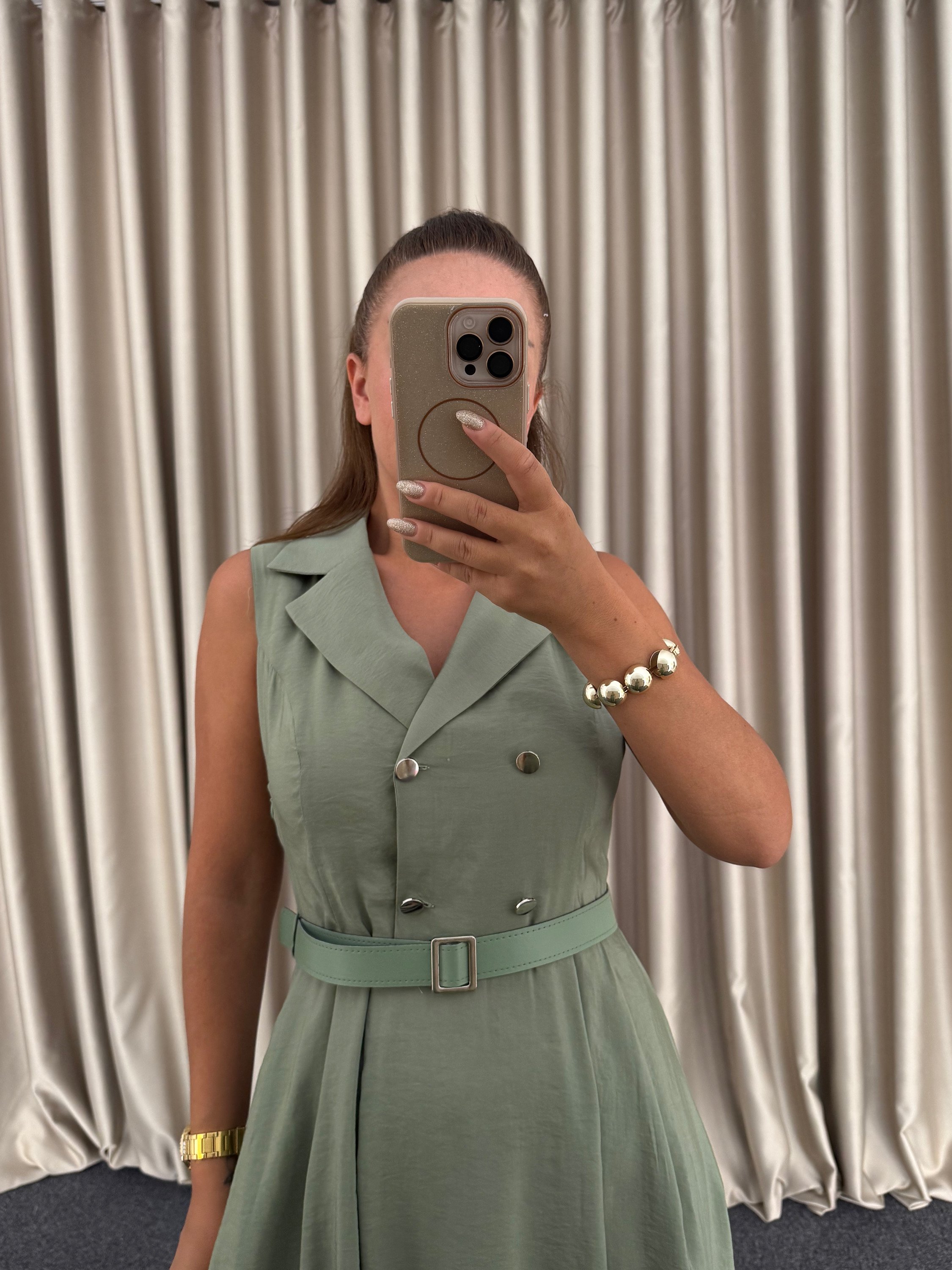 Yeşil Tencel Kemerli Elbise