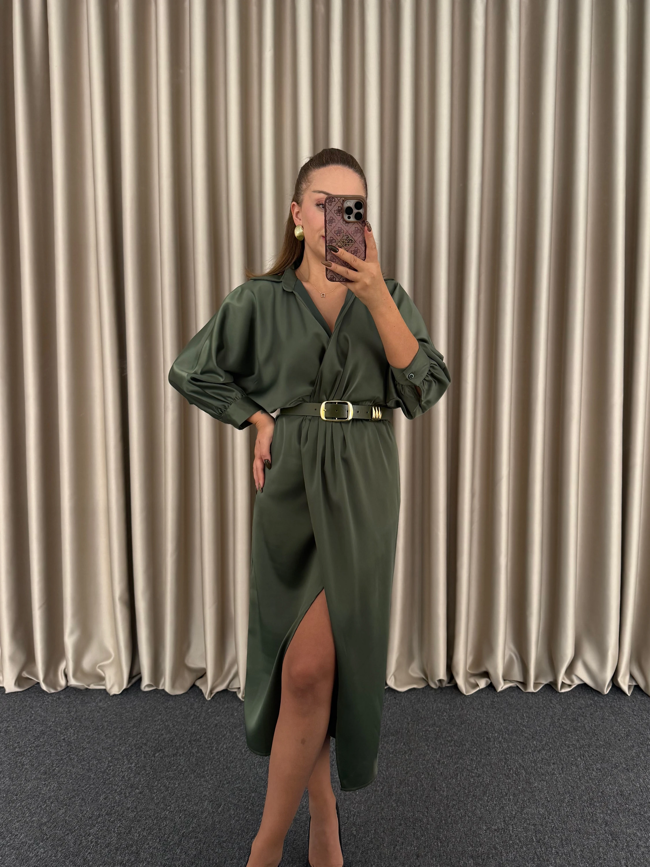 Haki Kemerli Saten Elbise