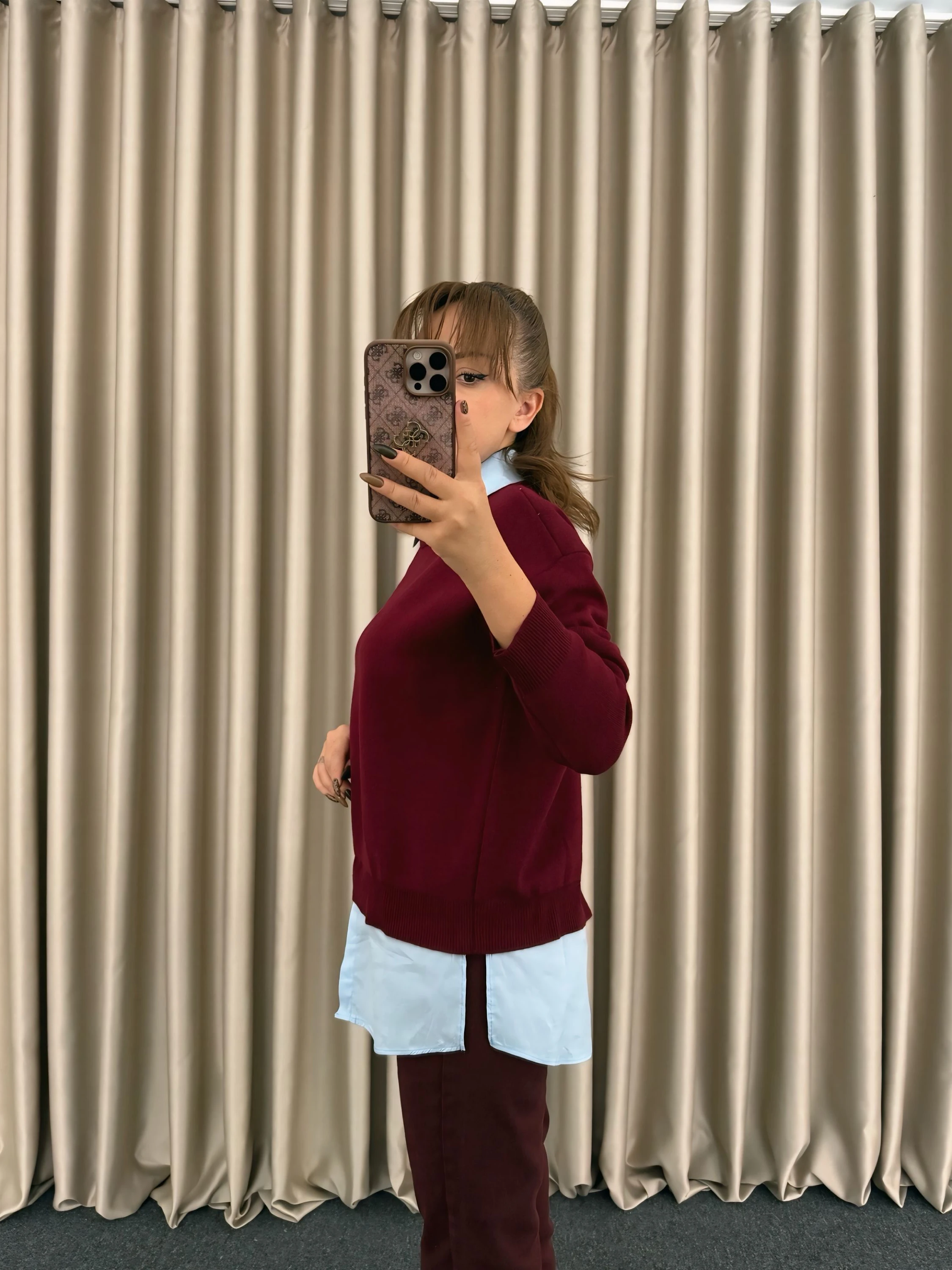 Bordo Gömlek Detaylı Kazak