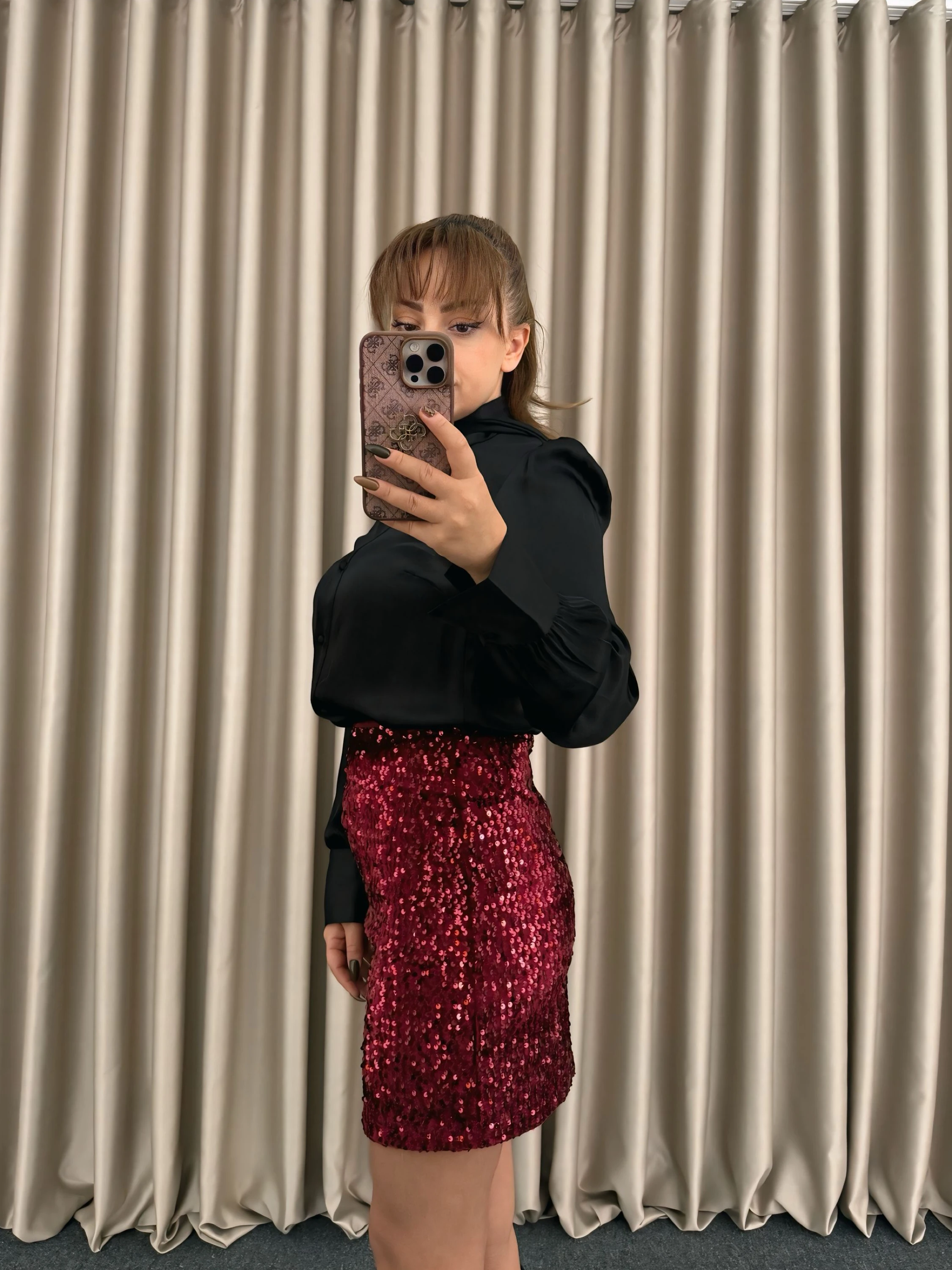 Bordo Pul Payetli Etek