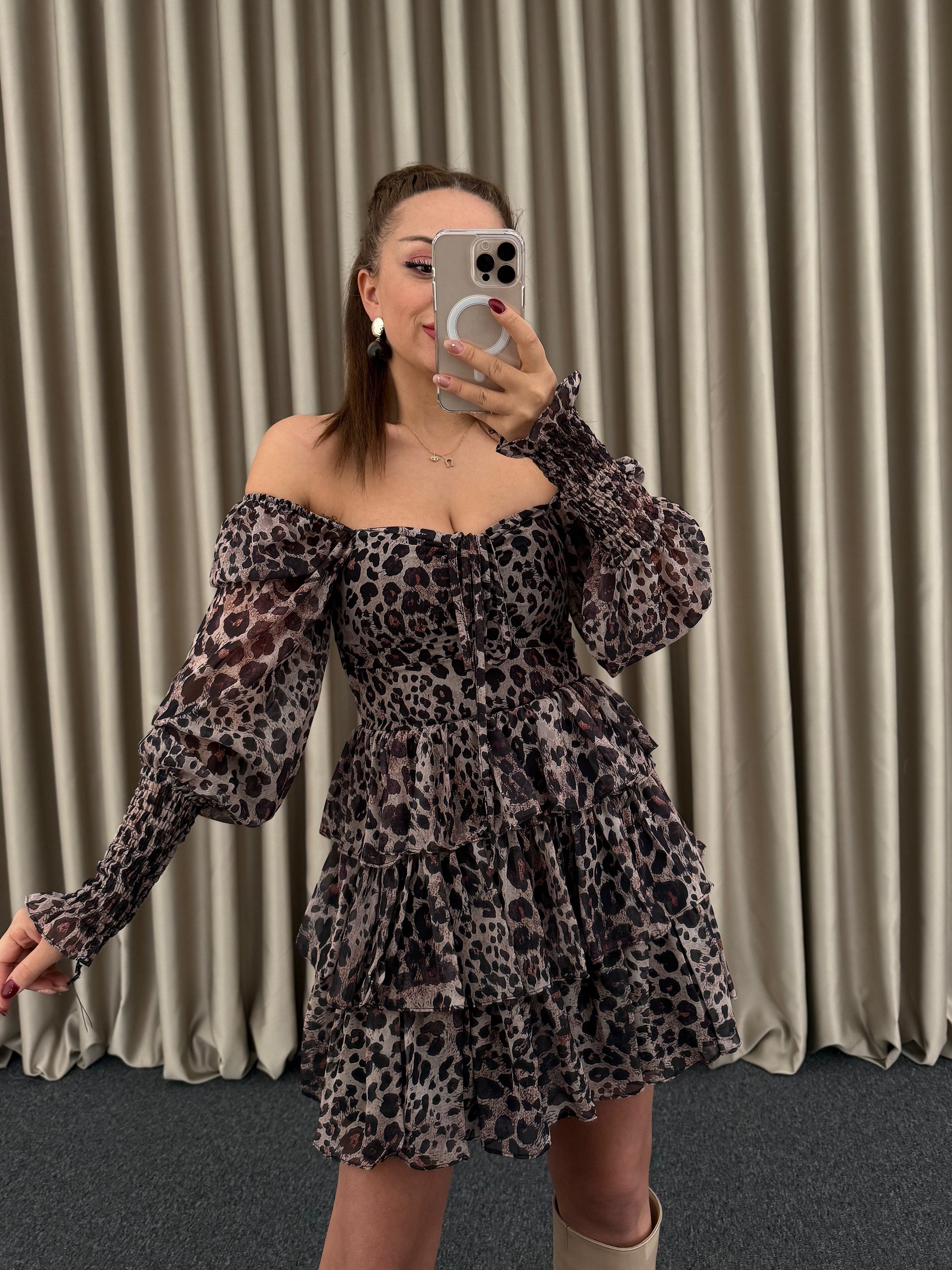 Leopar Şifon Mini Elbise