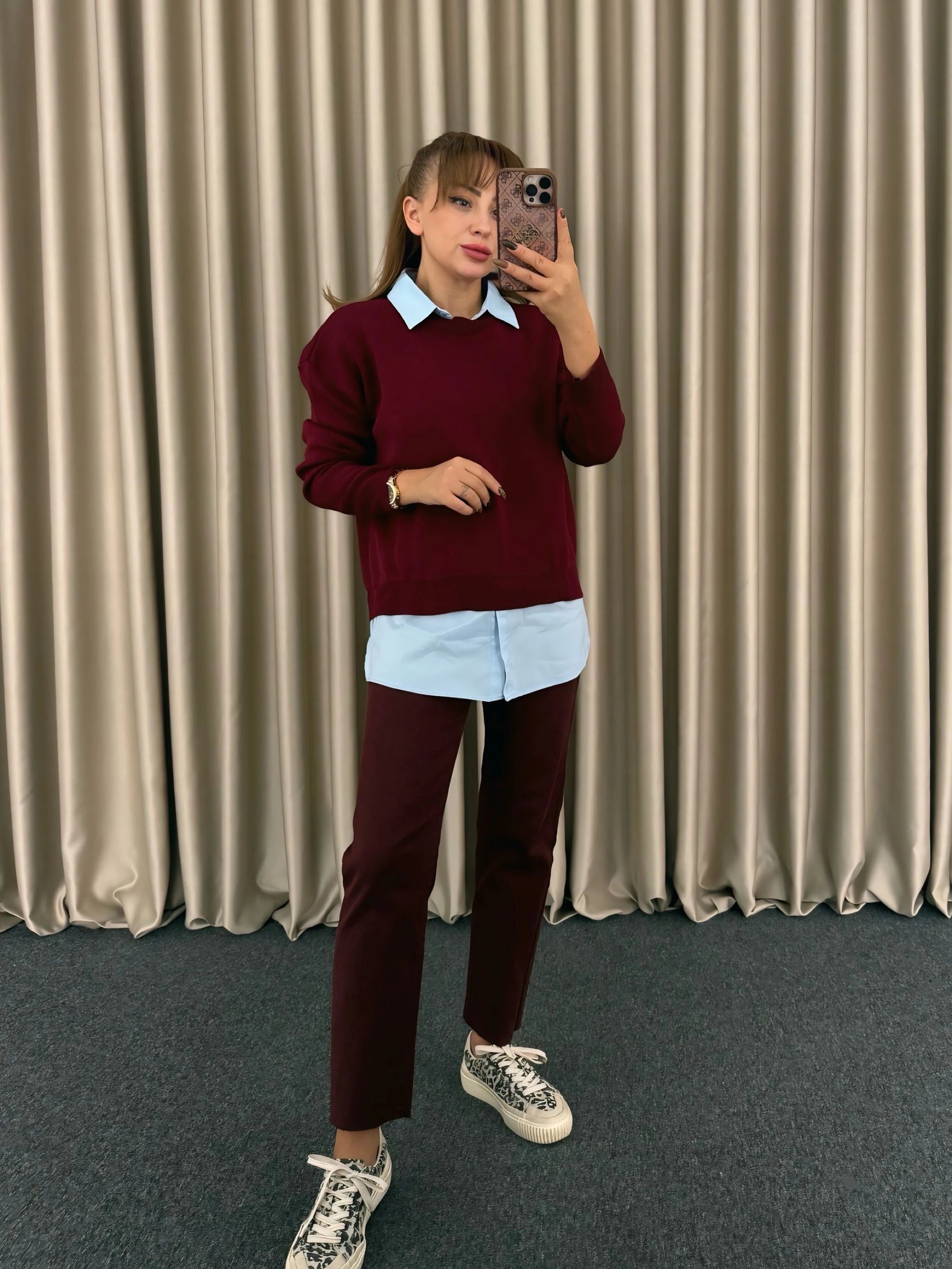 Bordo Gömlek Detaylı Kazak