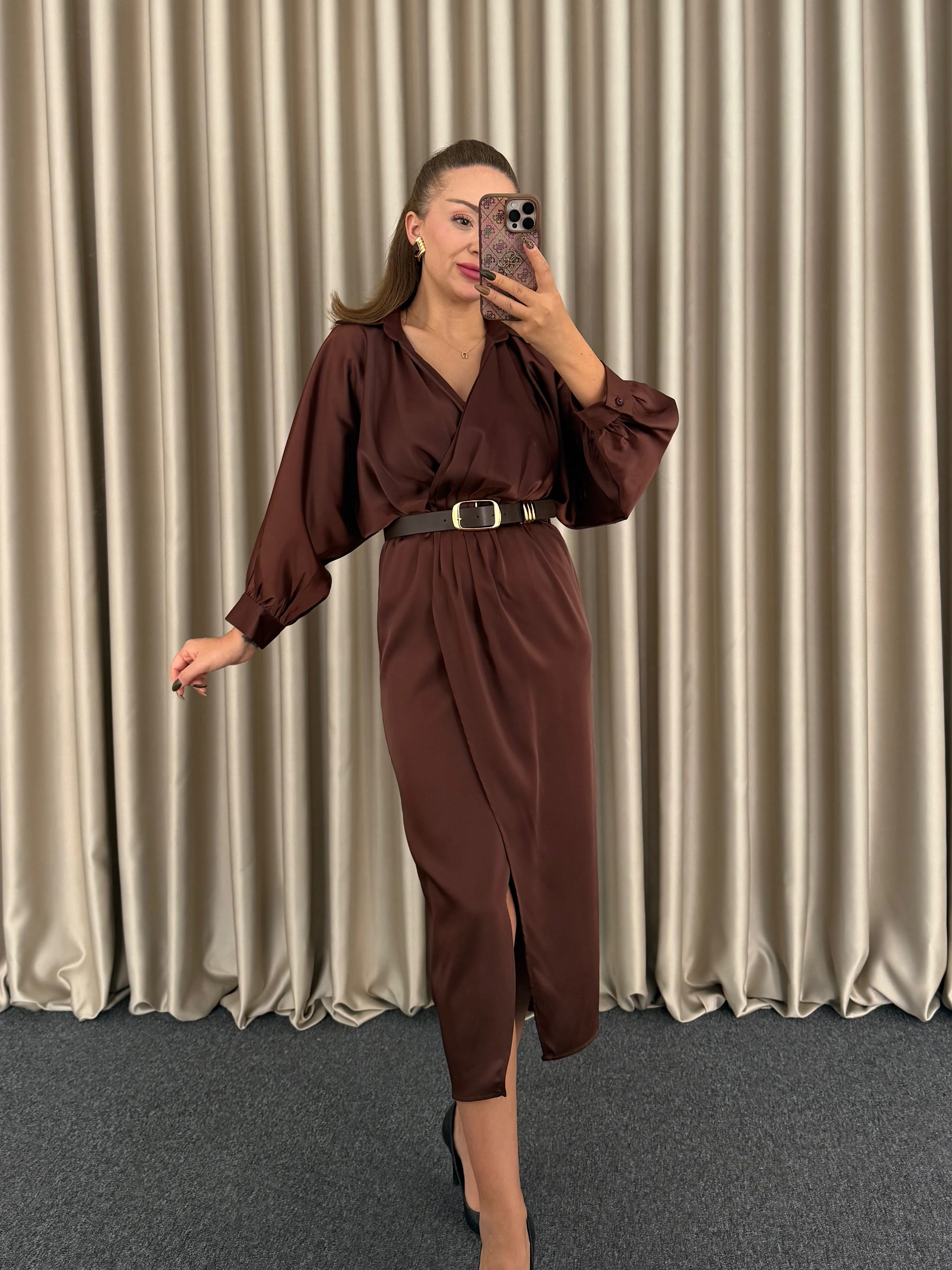 Acı Kahve Saten Elbise