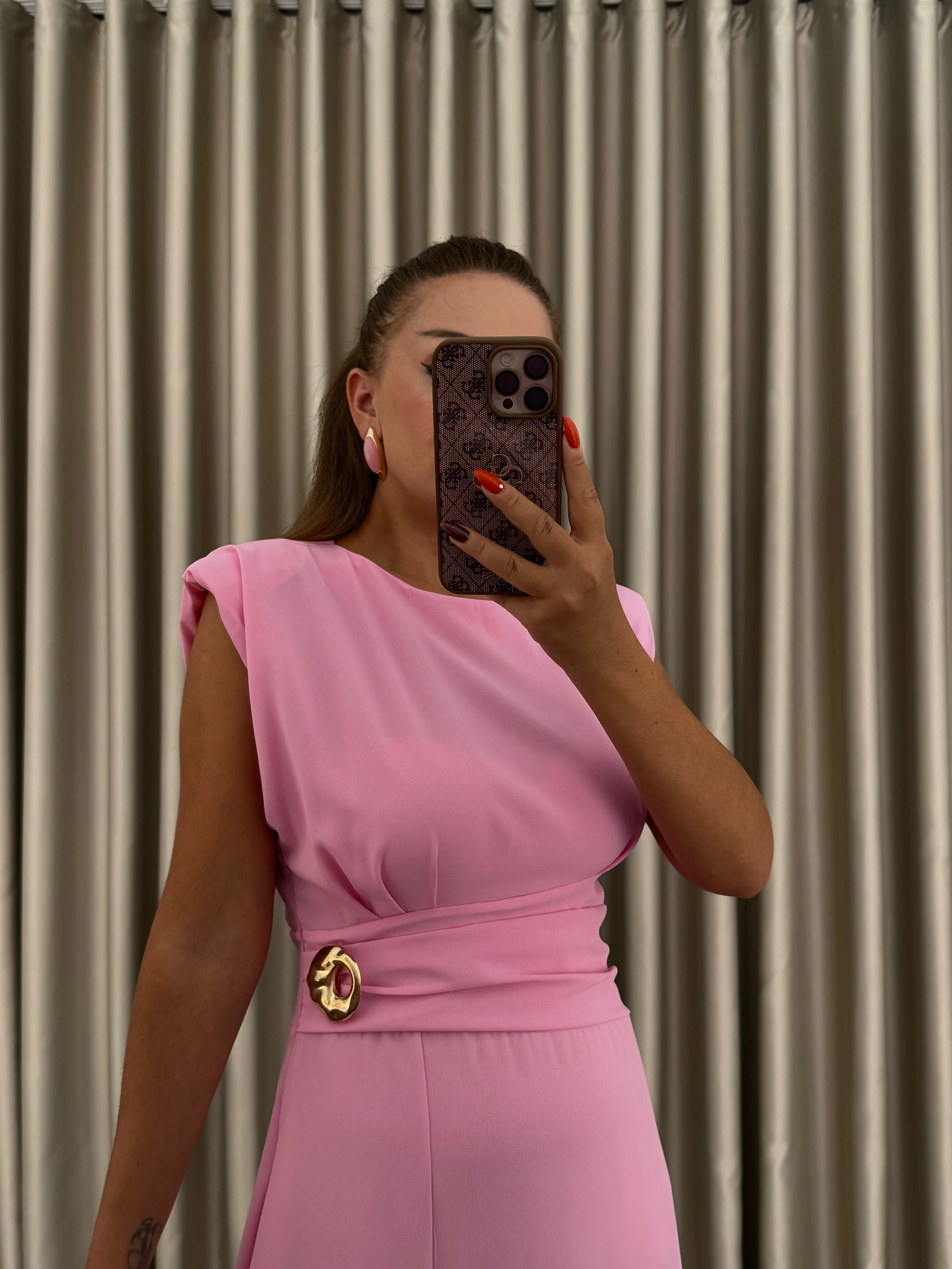 Pembe Vatkalı Maxi Elbise