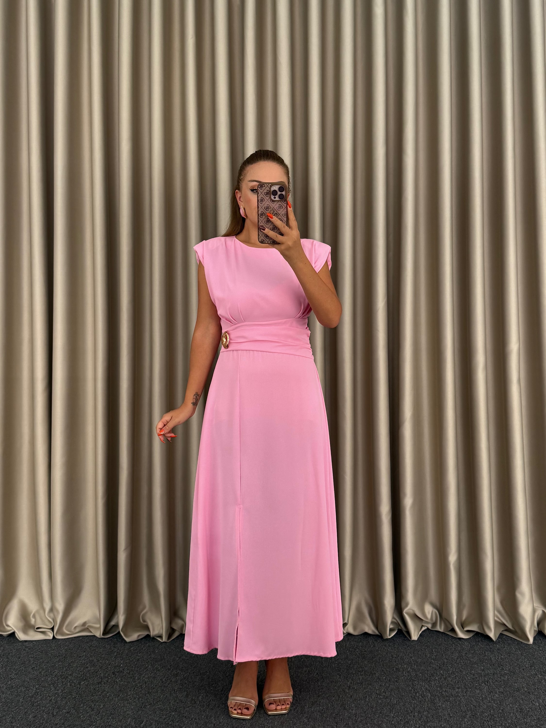 Pembe Vatkalı Maxi Elbise