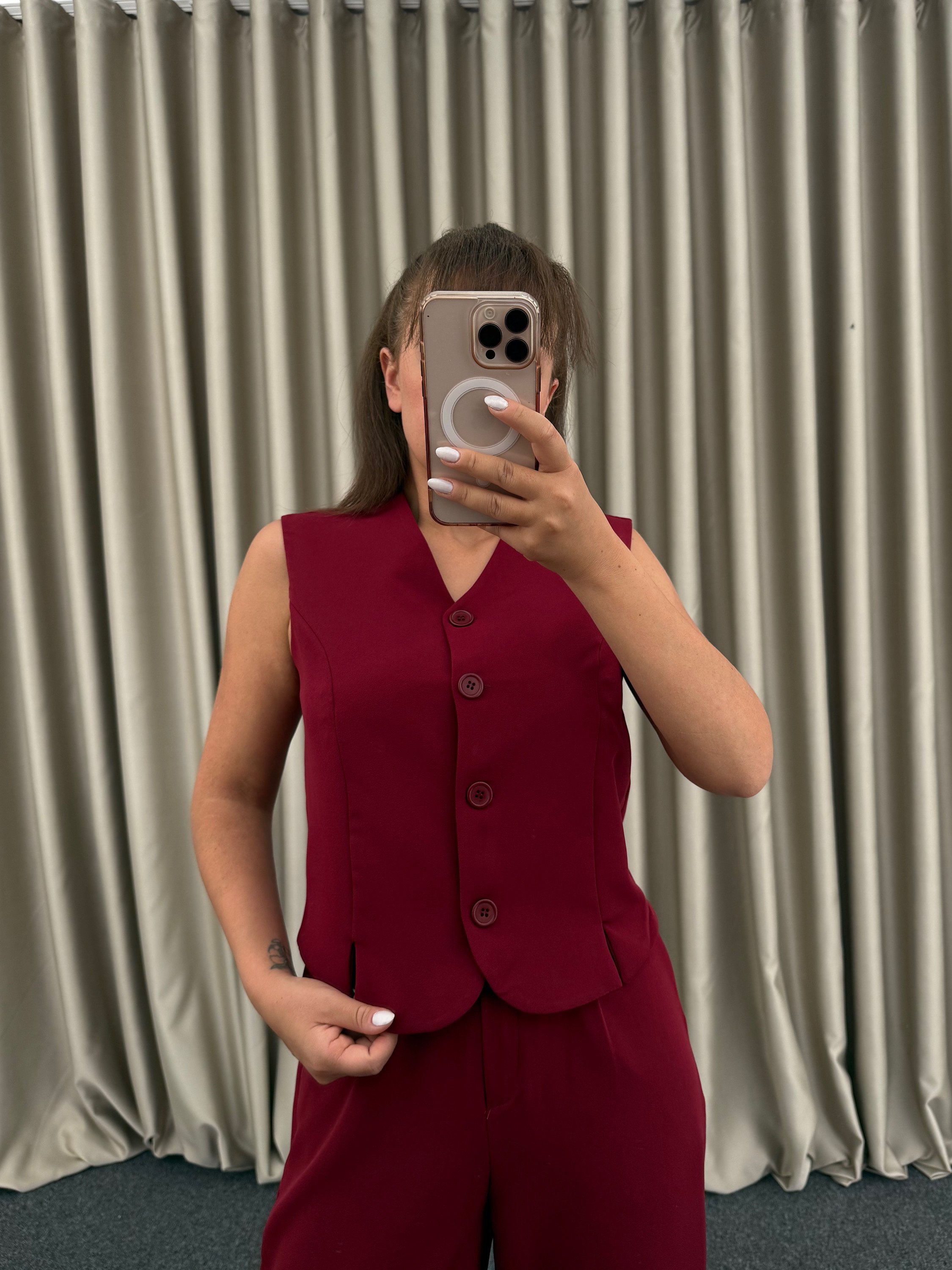 Bordo Yelekli Takım Elbise
