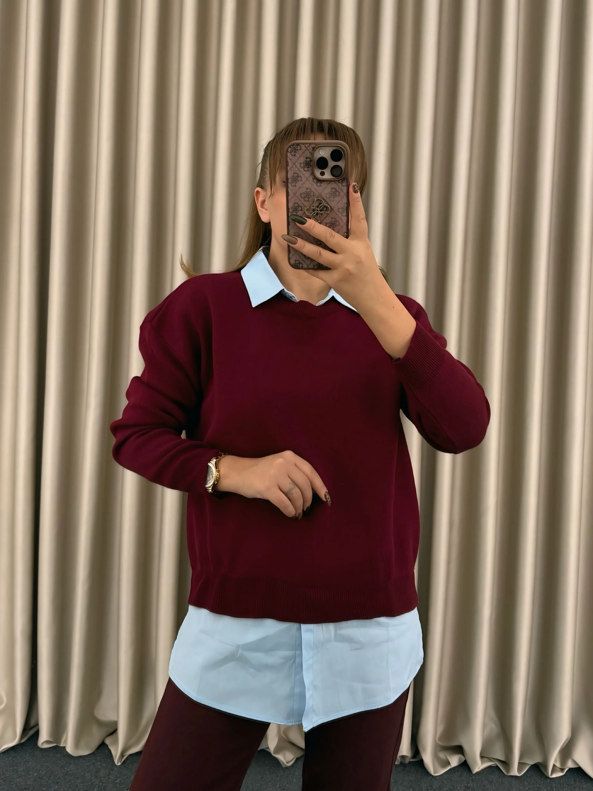 Bordo Gömlek Detaylı Kazak