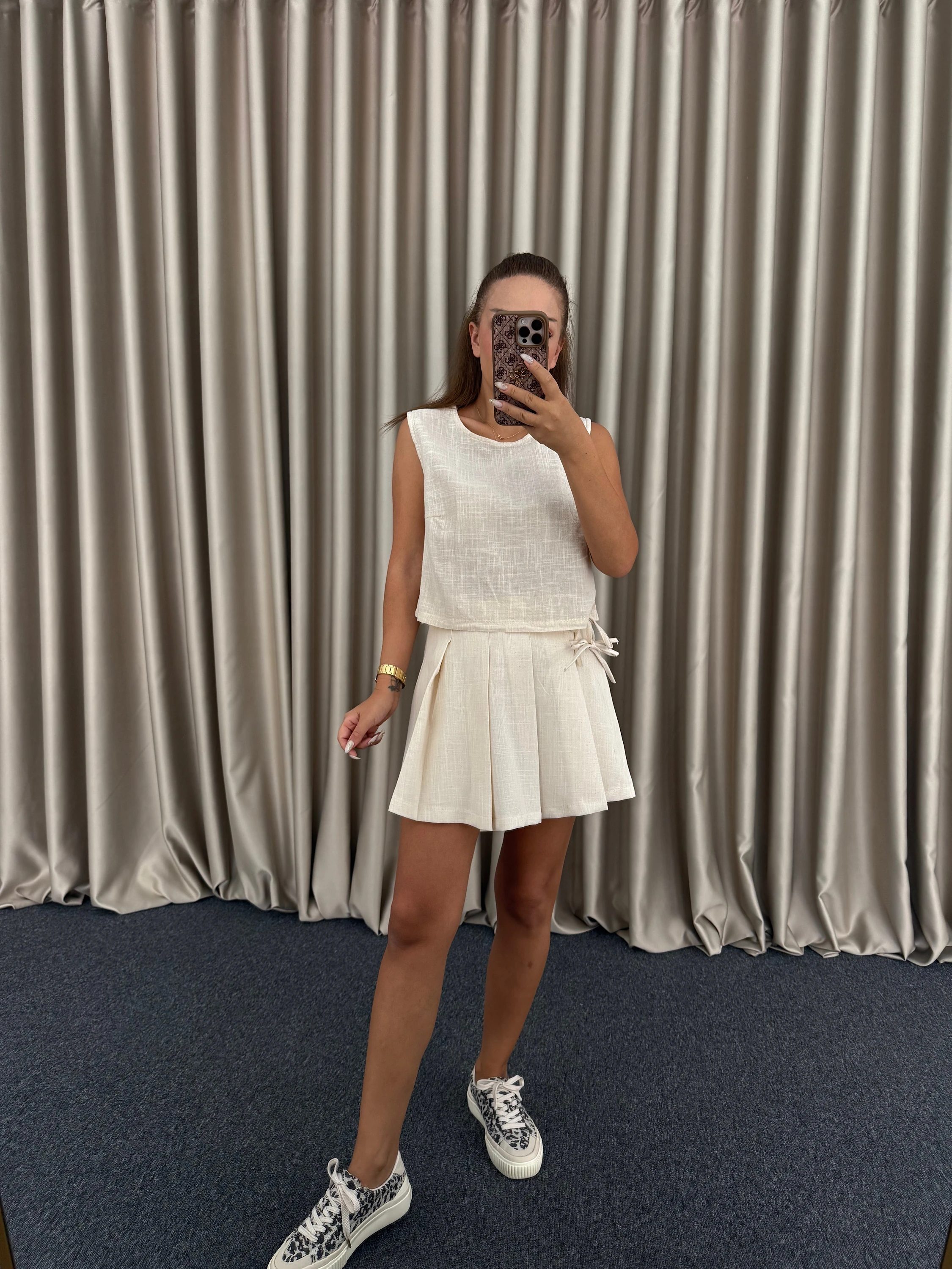 Bej Keten Şortetek Takım