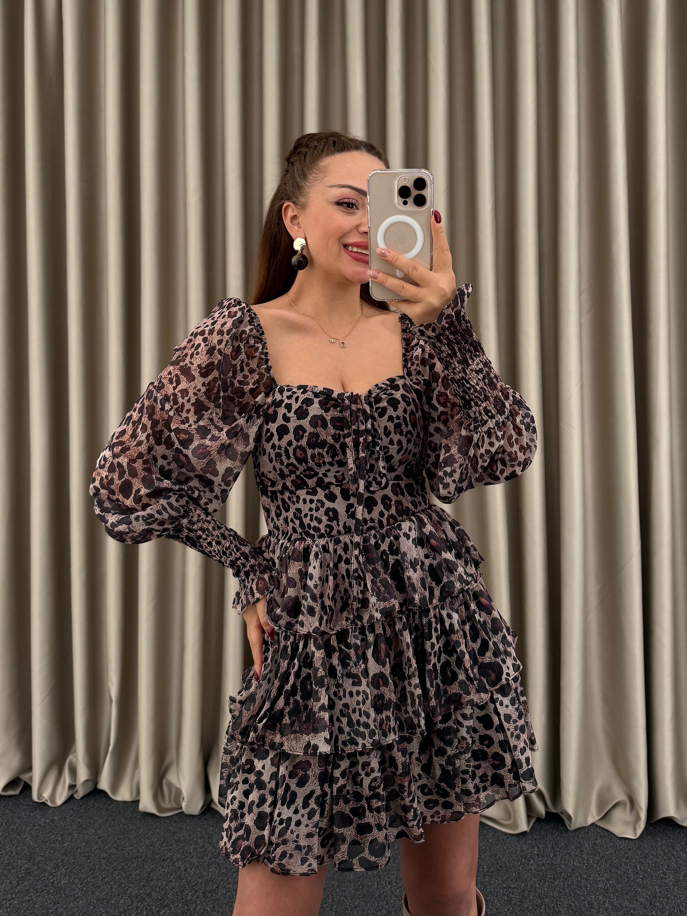 Leopar Şifon Mini Elbise
