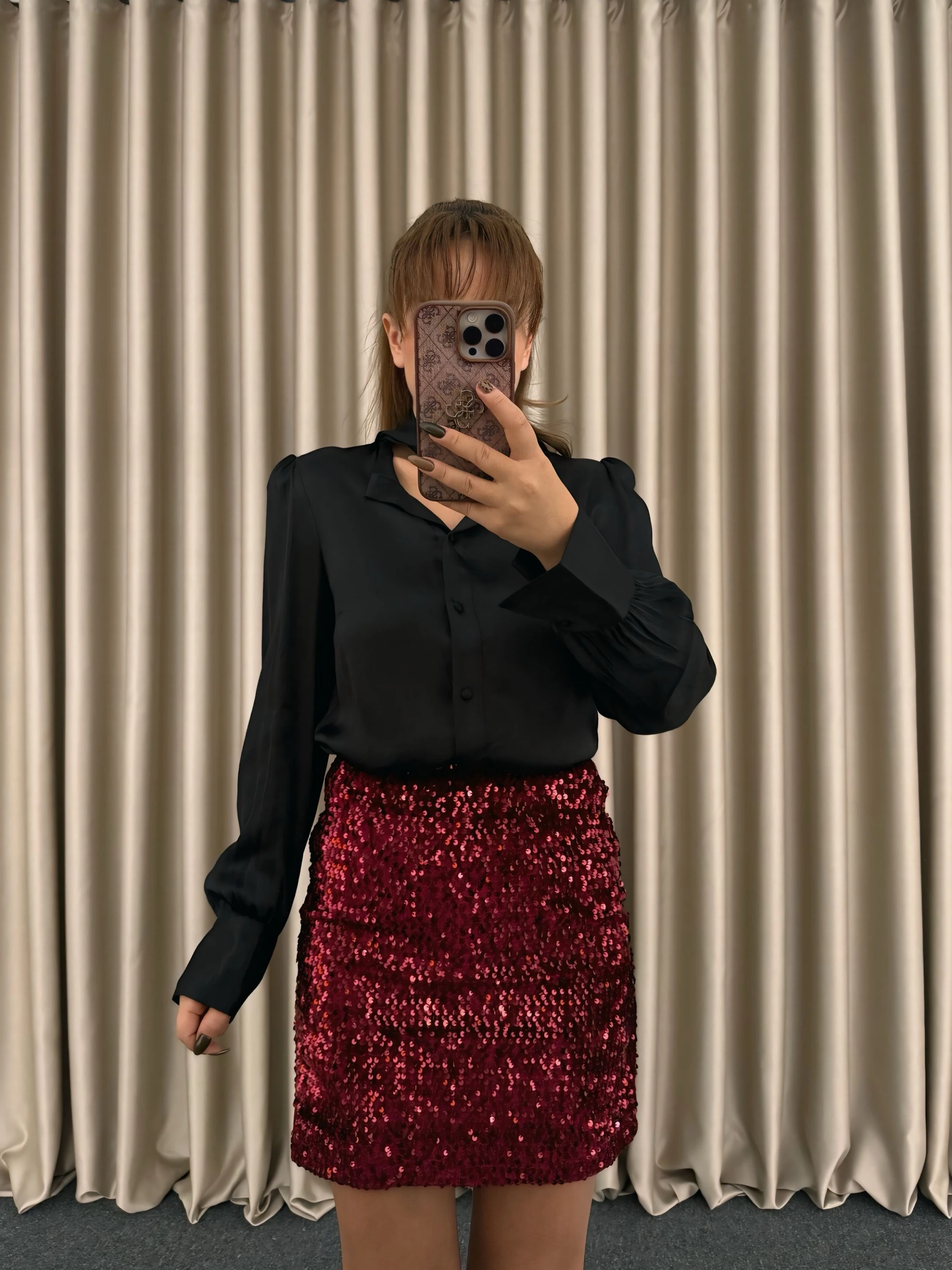 Bordo Pul Payetli Etek