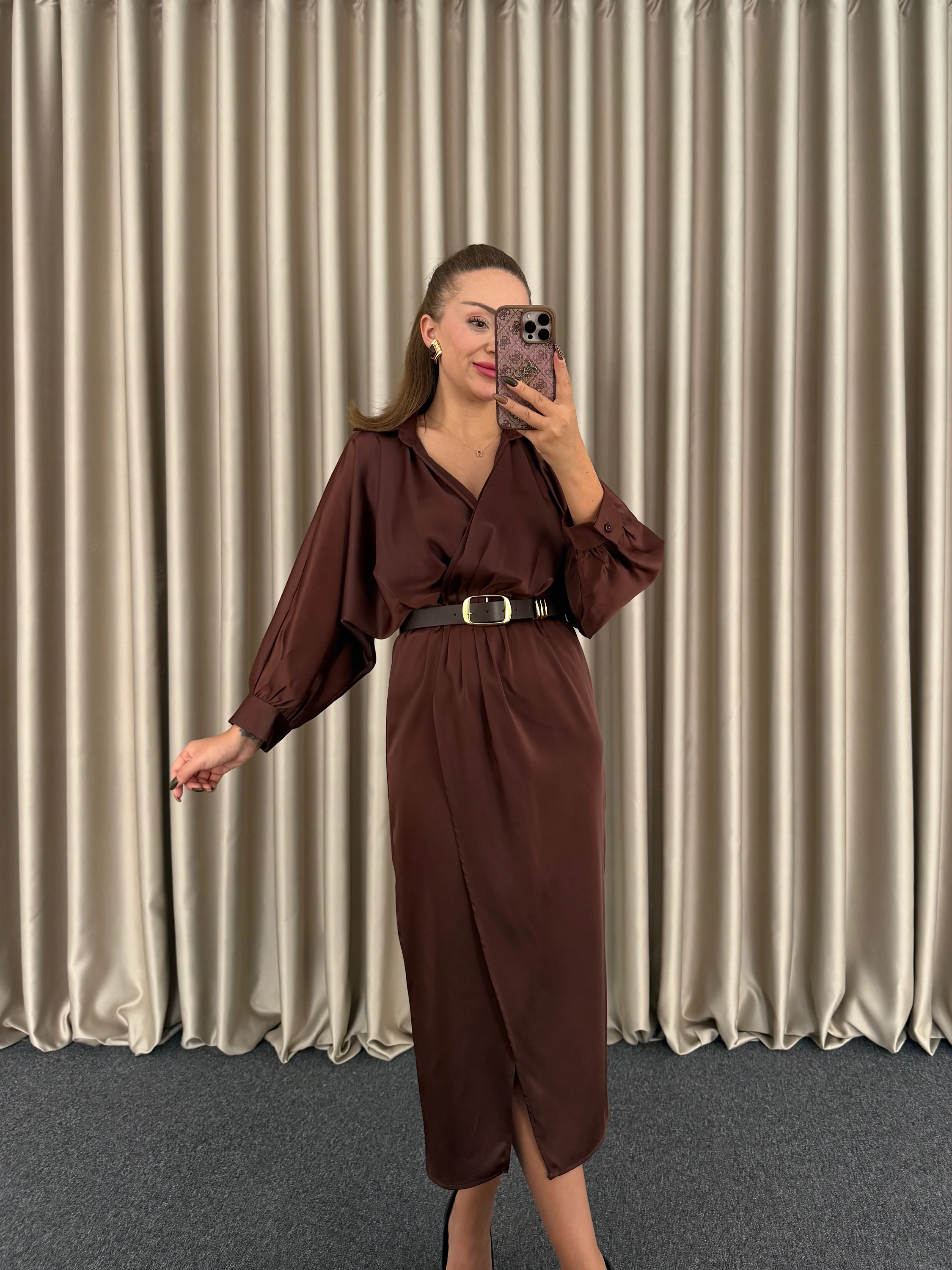 Acı Kahve Saten Elbise