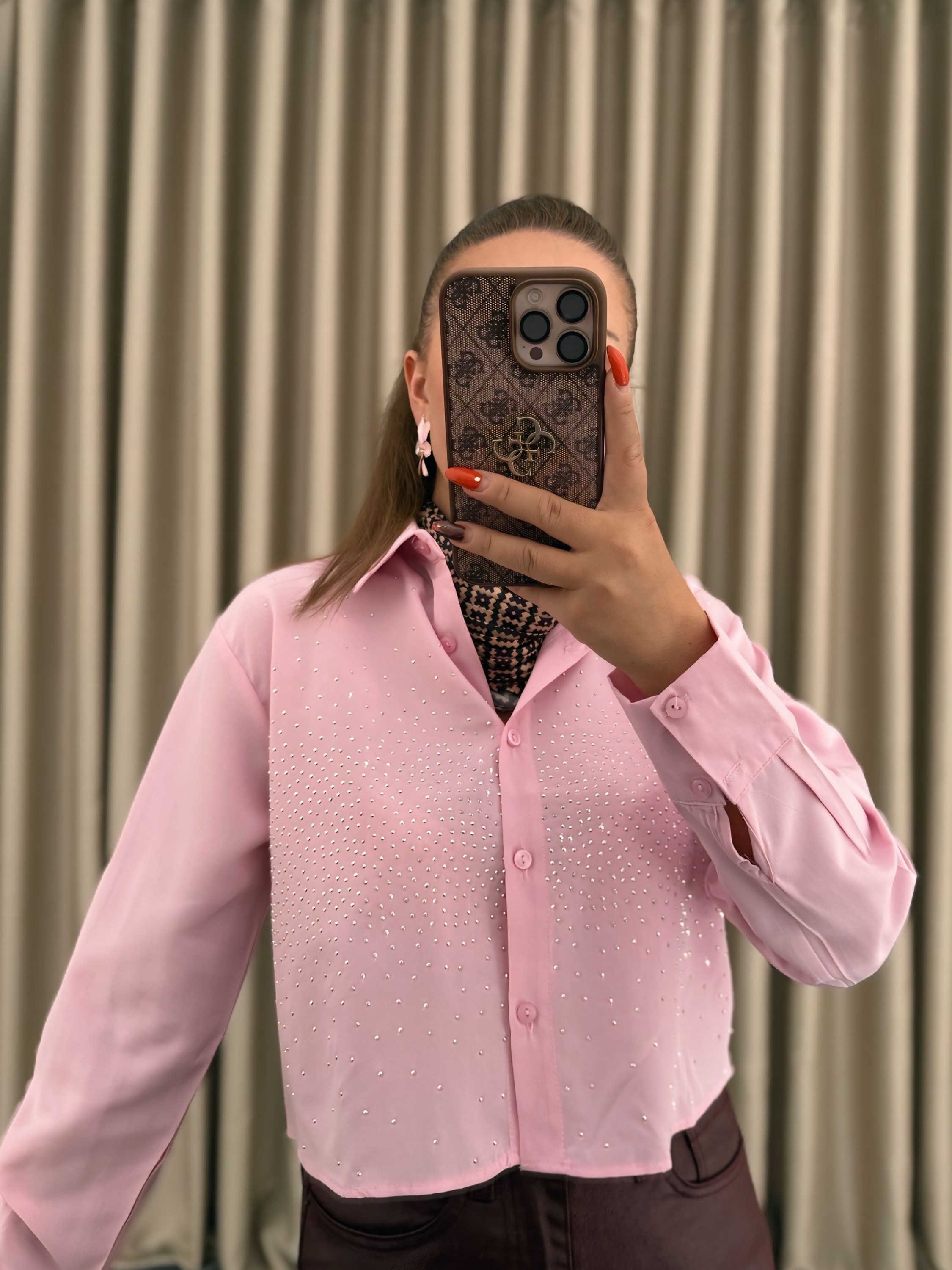 Pembe Taşlı Poplin Gömlek