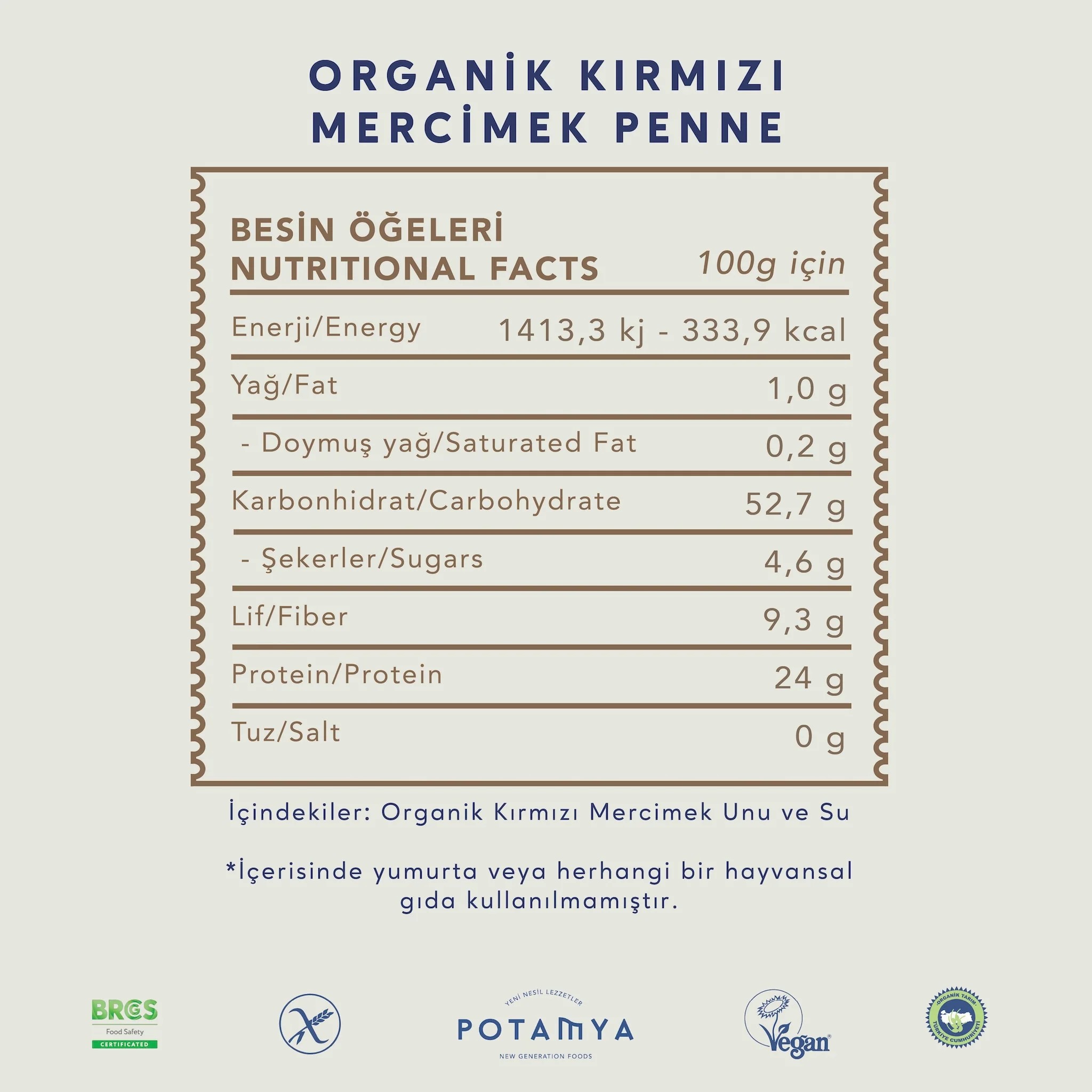 Organik Kırmızı Mercimek Penne 240 gr