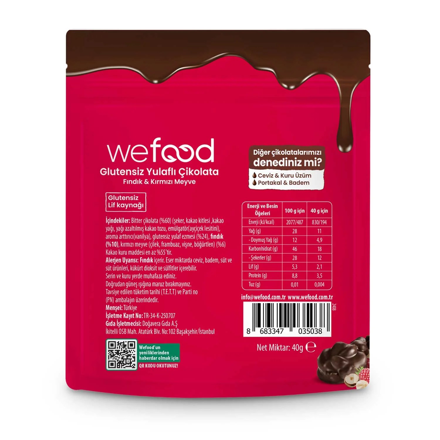 Yulaflı Çikolata Kırmızı Meyve 40 gr