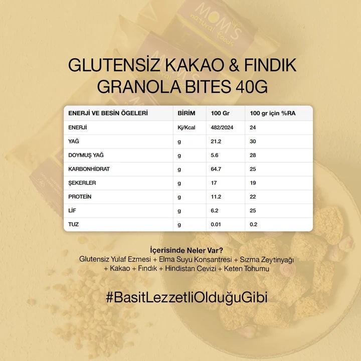 Glutensiz Kakao & Fındık Granola Bites 40 gr