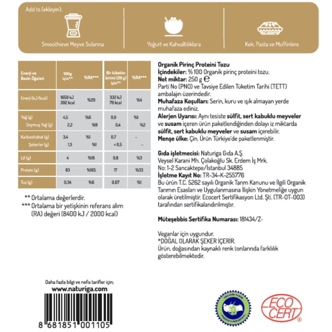 Organik Pirinç Proteini Tozu 250 Gr