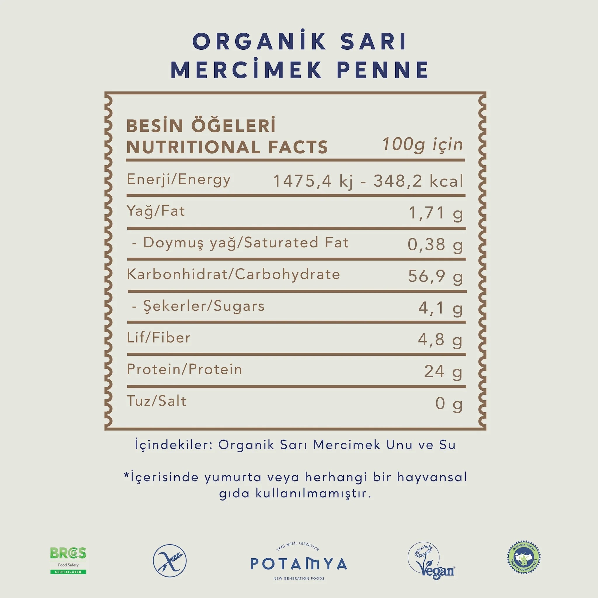 Organik Sarı Mercimekli Penne 240 gr