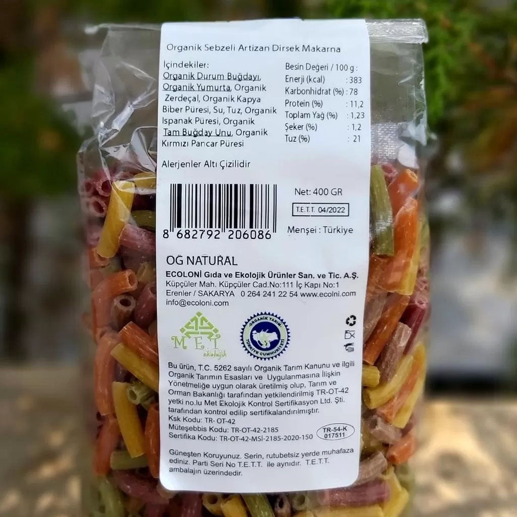 Organik Sebzeli Artizan Dirsek Makarna 400 gr