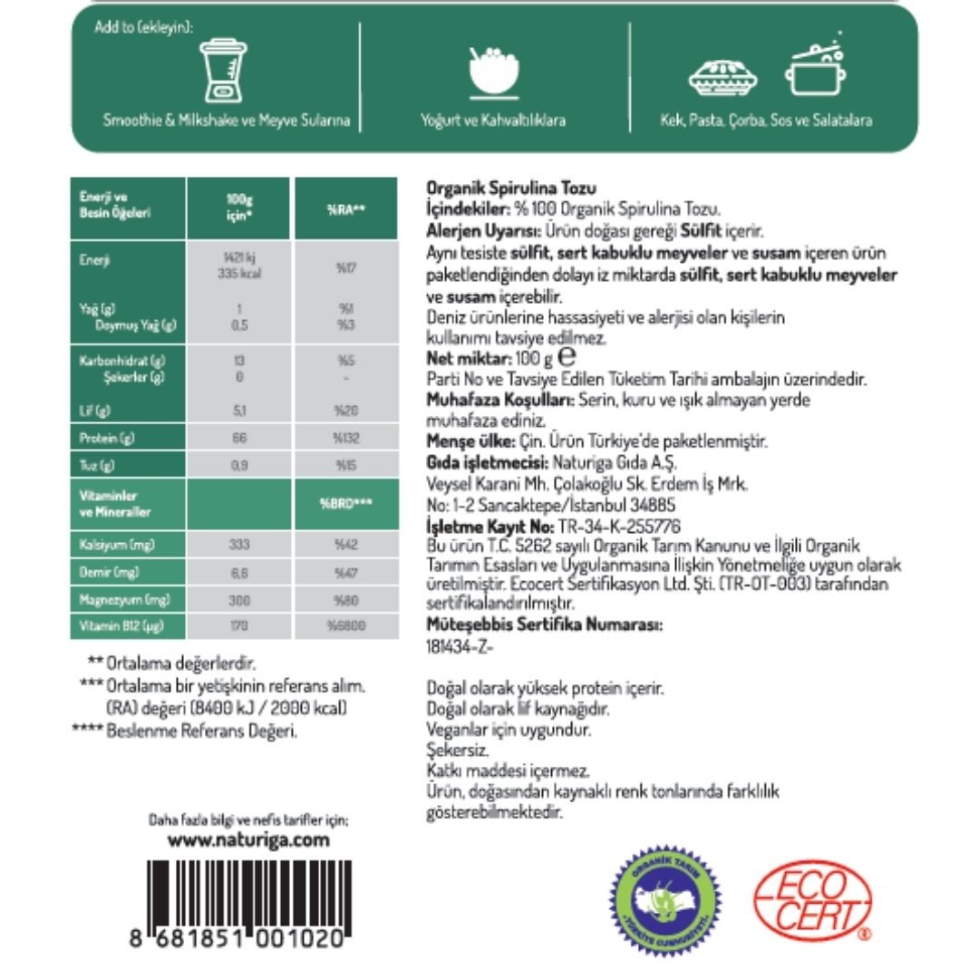 Organik Spirulina Tozu 100 Gr