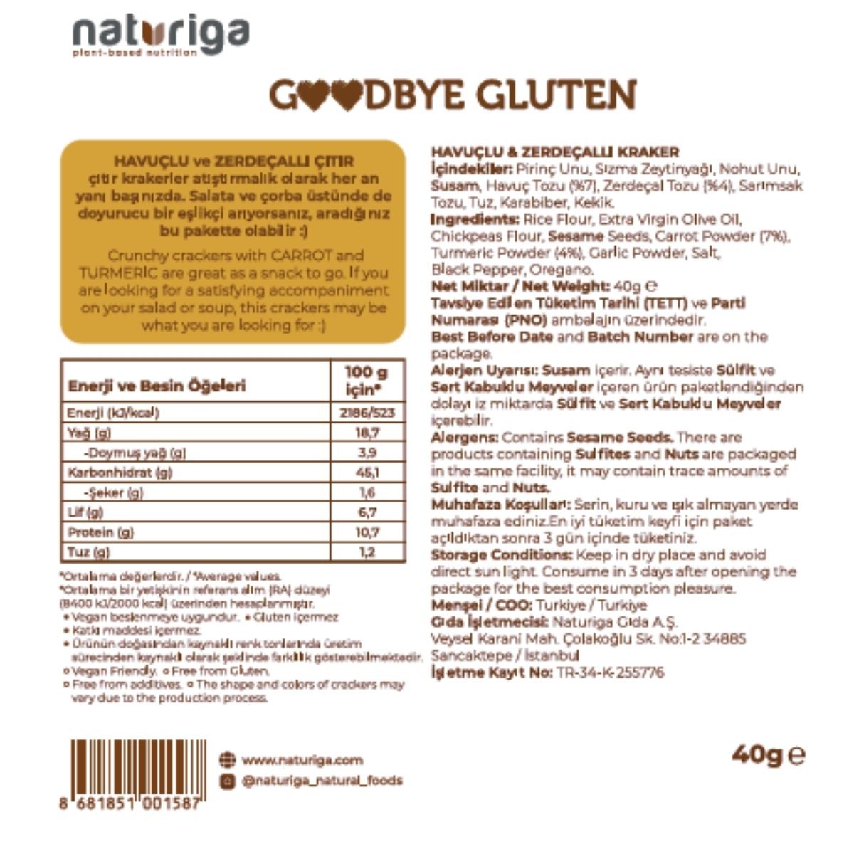 Goodbye Gluten Havuçlu Zerdeçallı Kraker 40 Gr