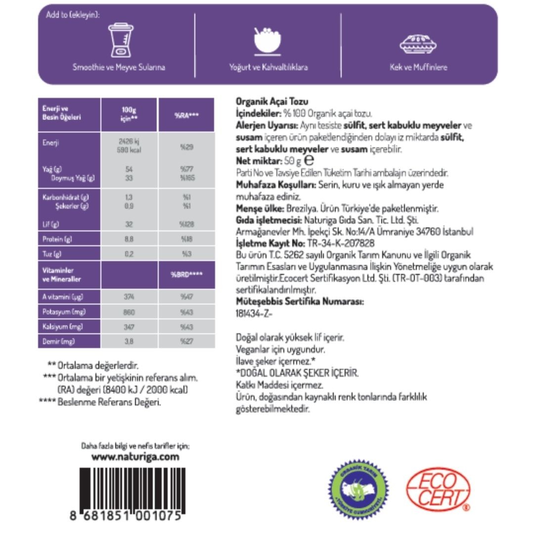 Organik Açai Tozu 50 Gr
