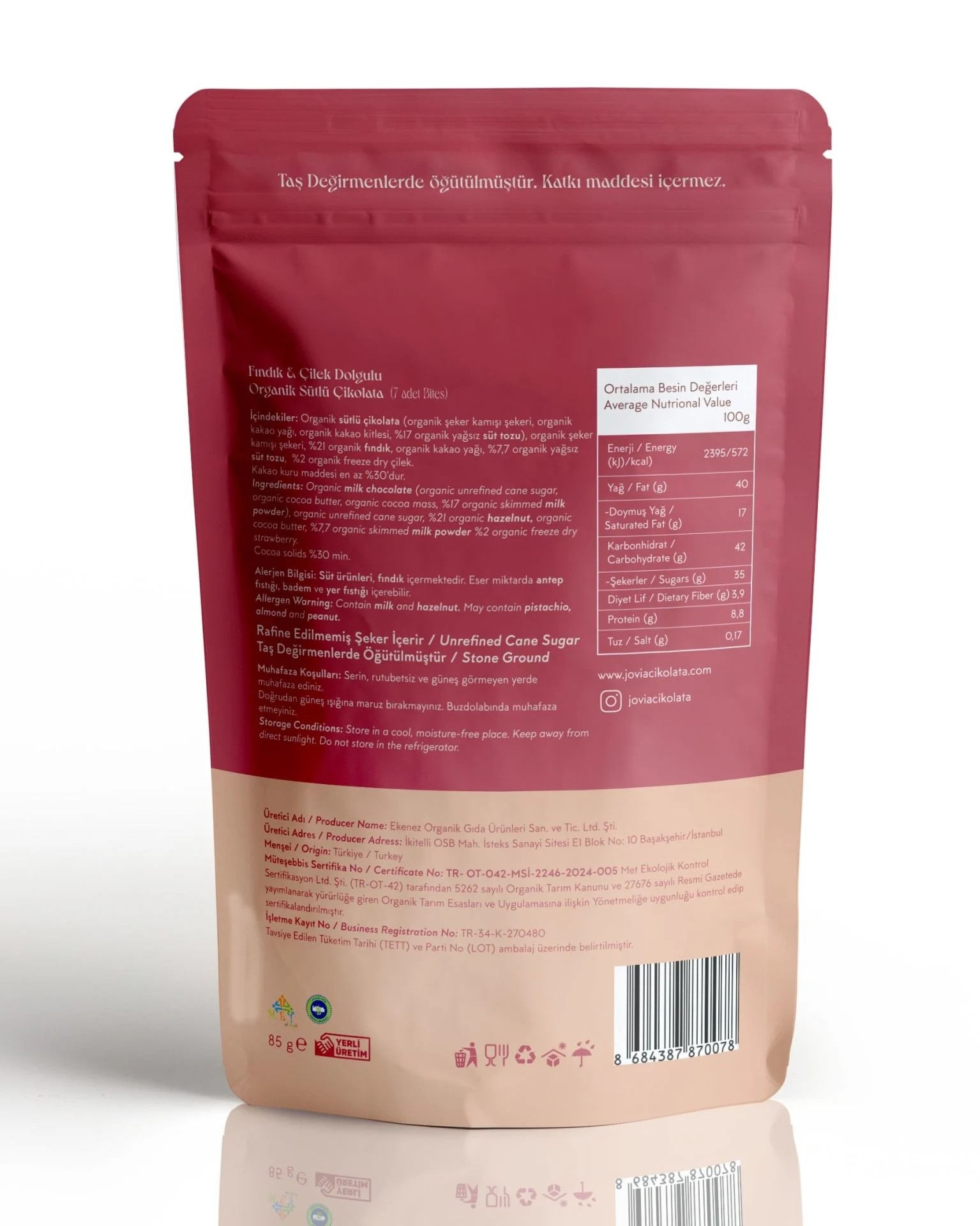 Fındık Ve Çilek Dolgulu Organik Sütlü Çikolata 85 gr