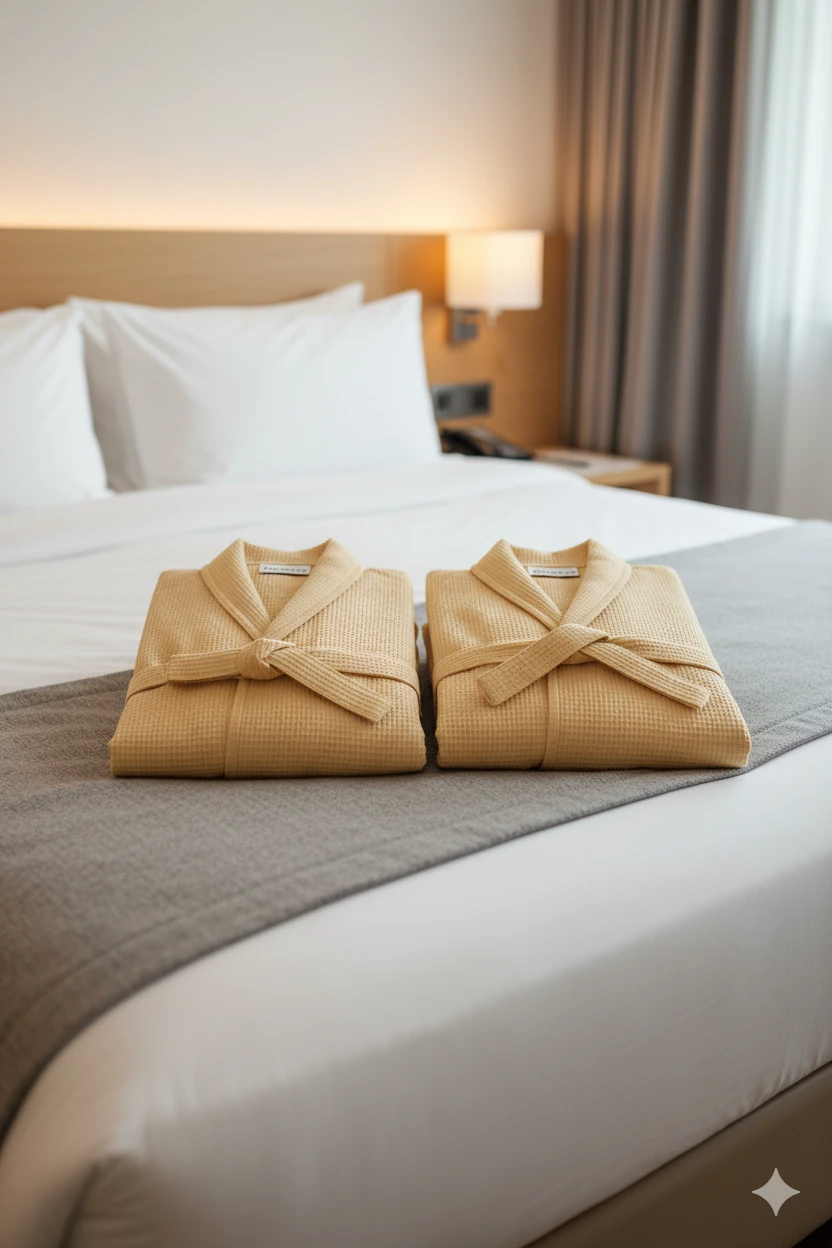 2'li Set Azur Premium Gofret Desen Bej Lüks Bornoz, 2 Adet Çeyizlik Bornoz, Standart Beden - L/XL