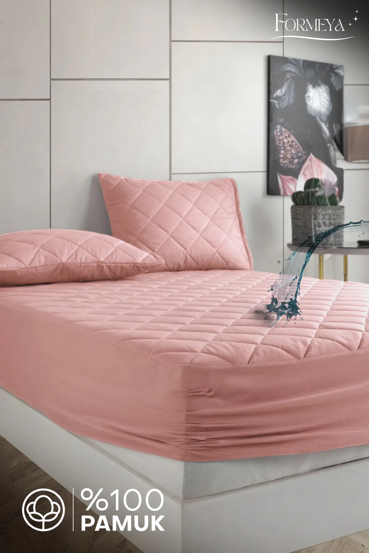 Alez Pudra %100 Pamuk Kapitone Sıvı Geçirmez Alez Fitted Çarşaf (15 Ebat)