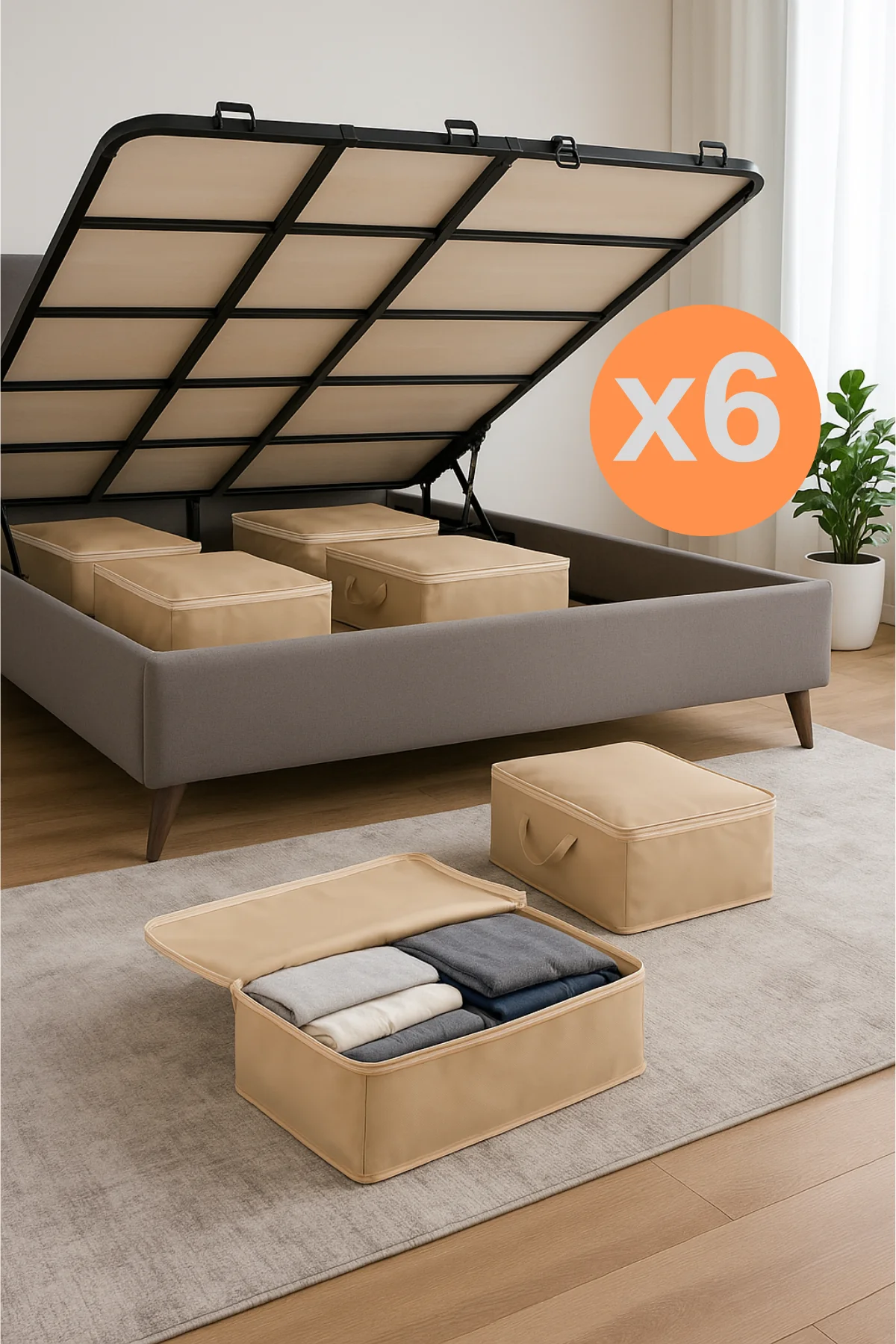 6 Adet Büyük Boy Yatak Baza Altı Çok Amaçlı Hurç 64 x 45 x 22 Cm