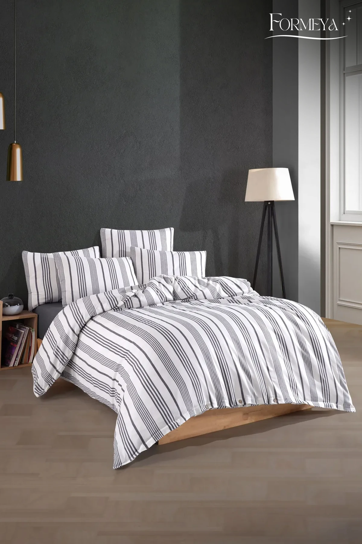 Düğmeli Lastikli Çarşaflı Pamuklu İpliği Boyalı Çift Kişilik Nevresim Takımı (2 Adet Yastık Kılıflı)