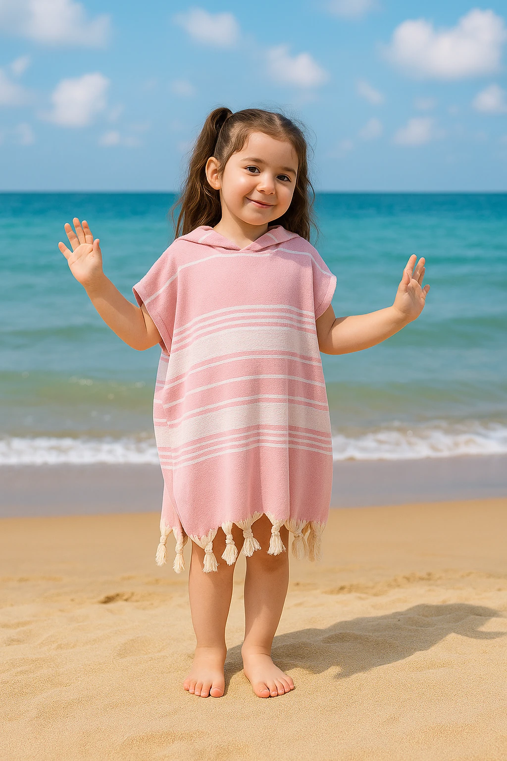Çocuk Bornoz Panço %100 Pamuk Plaj Havlusu Peştamal Pembe