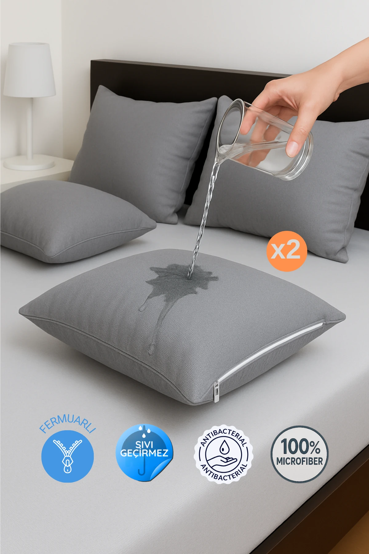 2'li Fermuarlı Sıvı Geçirmez Yastık Alezi Yastık Koruyucu 50 x 70 cm