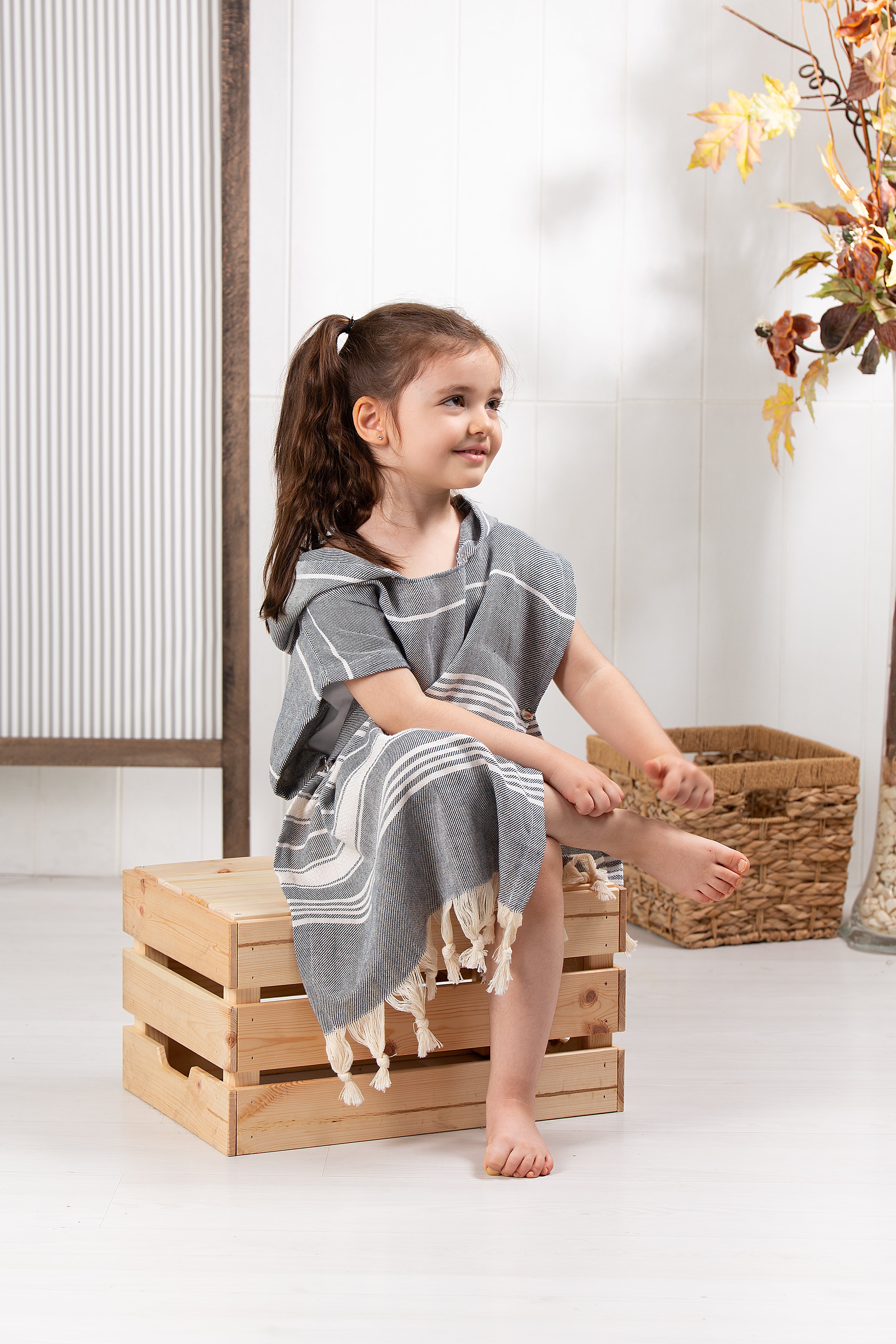 Çocuk Bornoz Panço %100 Pamuk Plaj Havlusu Peştamal Gri