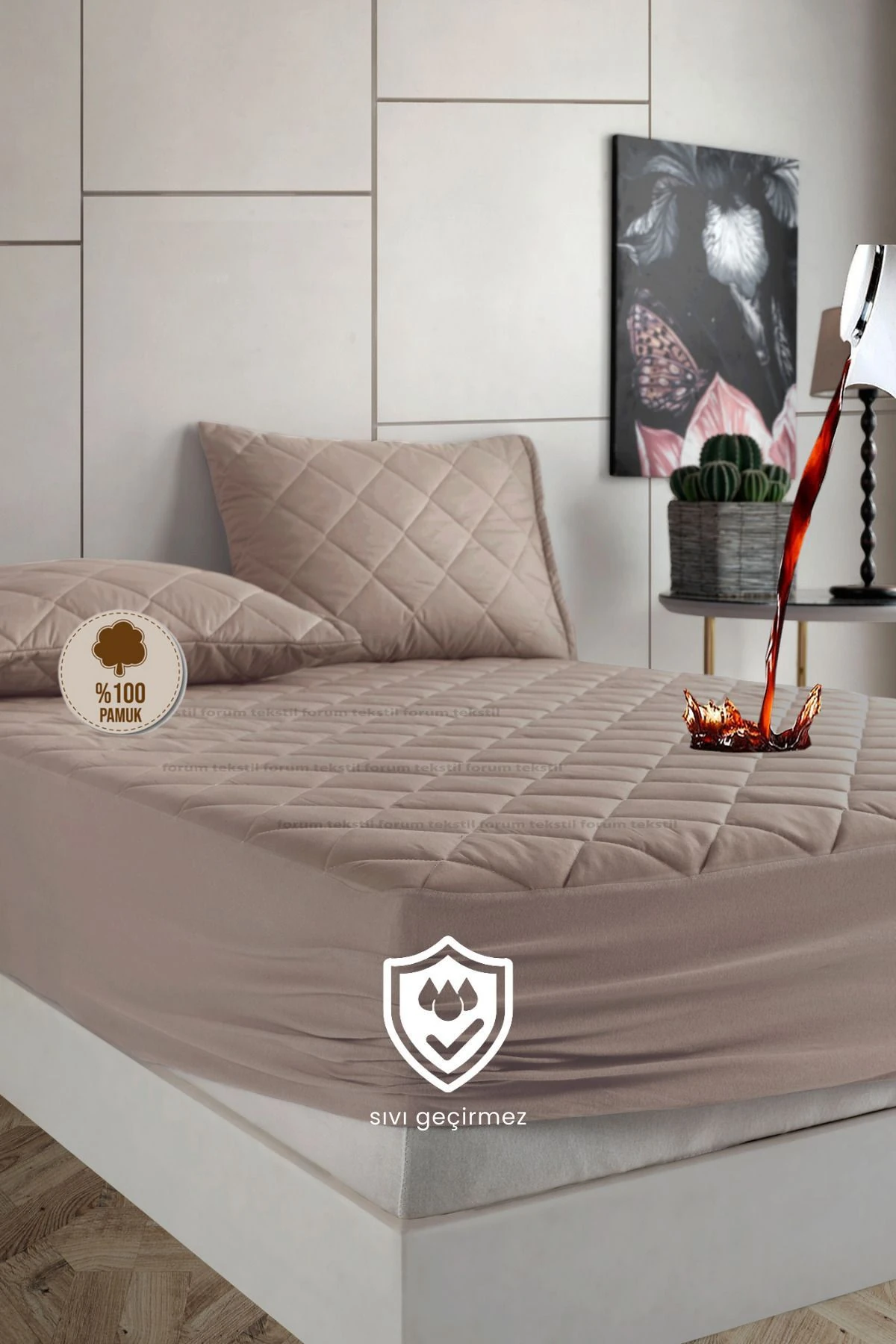 Pamukkale Alez Set Kahverengi Kapitone Sıvı Geçirmez Yatak Koruyucu-2 Adet Yastık Koruyucu (9 Ebat)