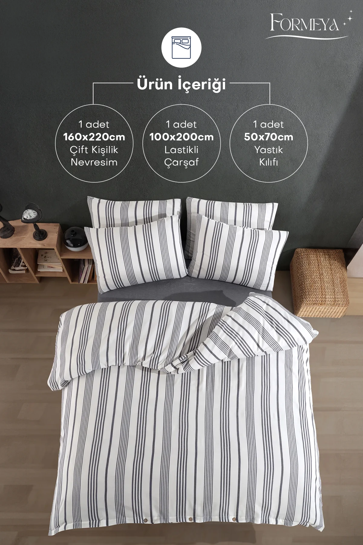 Düğmeli Lastikli Çarşaflı Pamuklu İpliği Boyalı Tek Kişilik Nevresim Takımı (1 Adet Yastık Kılıflı)