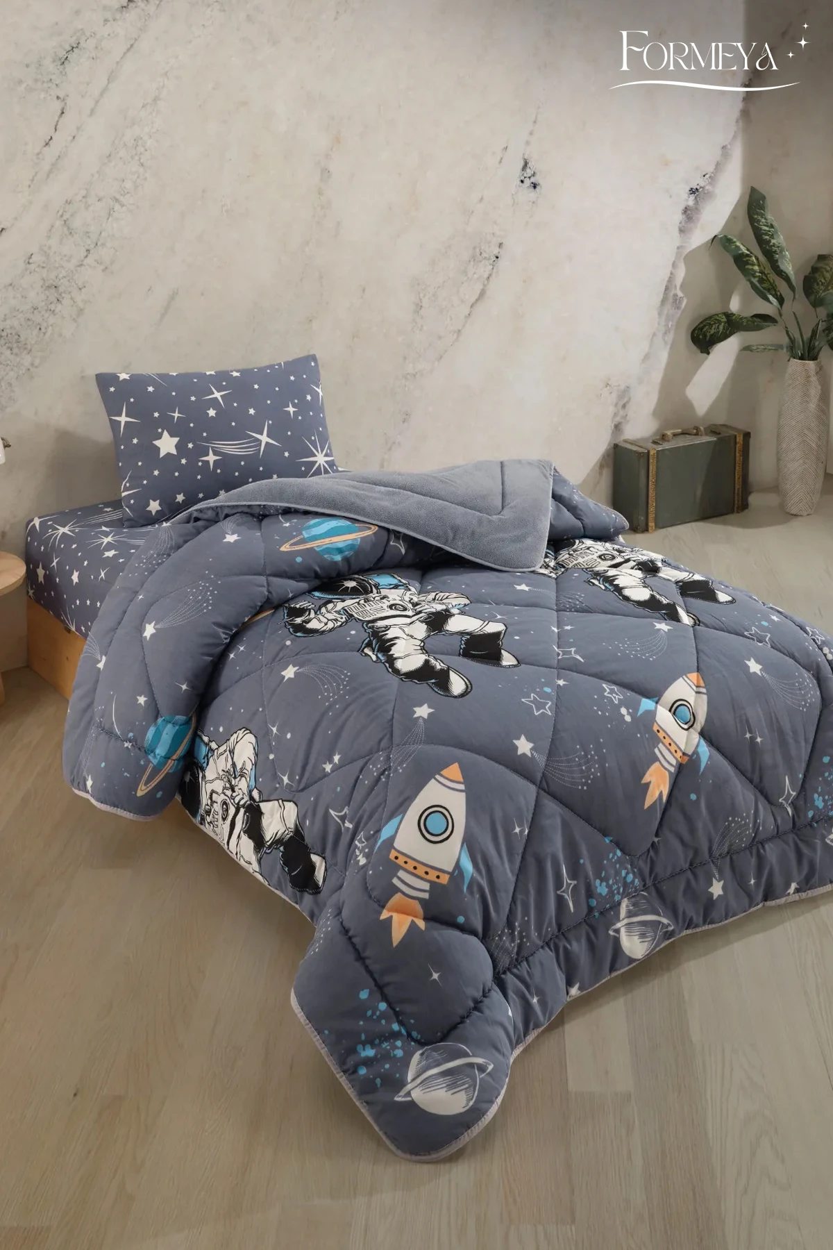 Tek Kişilik Çarşaflı Astronot Desenli Çift Taraflı Wellsoft Uyku Seti (Yorgan+Çarşaf+Yastık Kılıfı)
