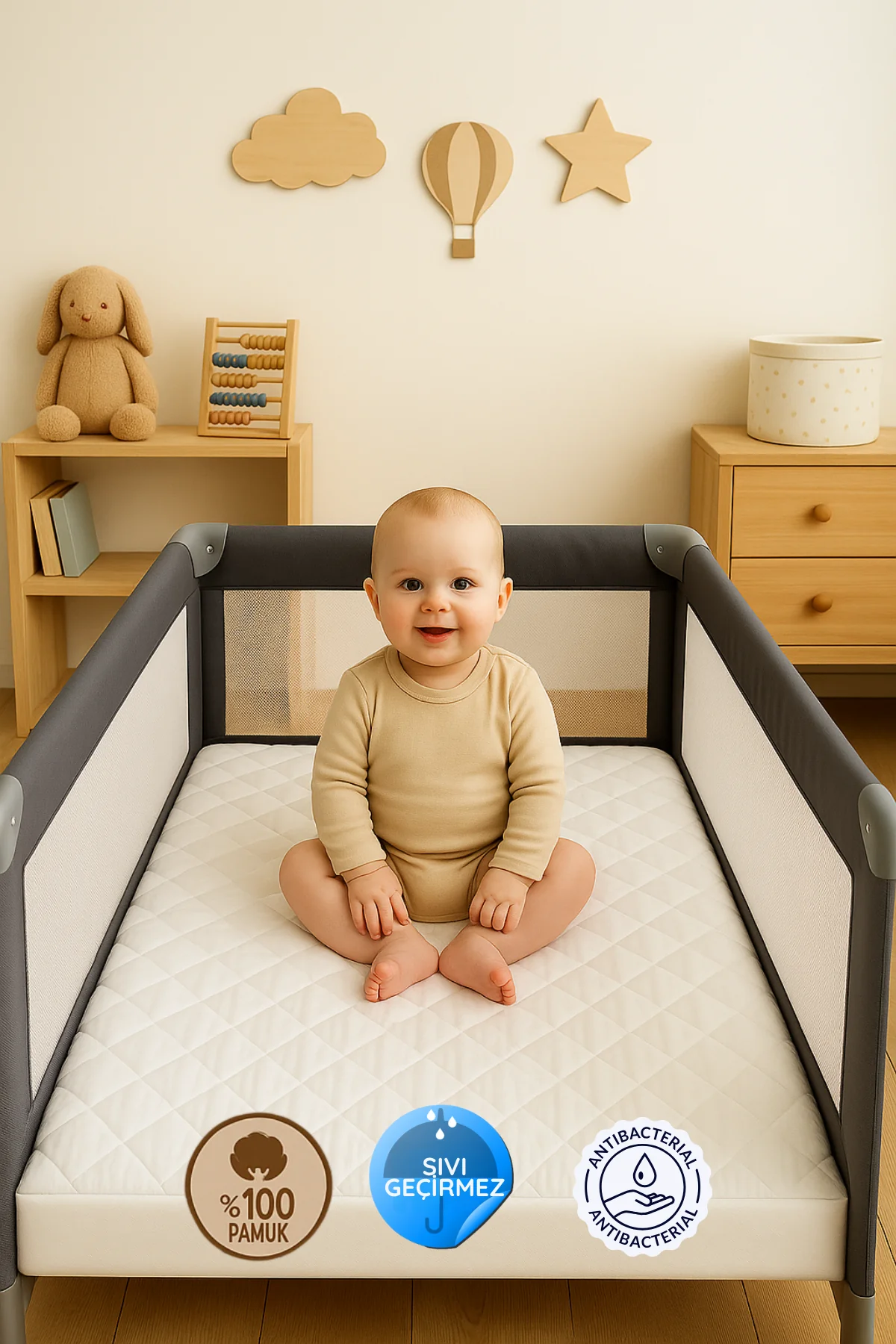 %100 Pamuk Kapitone Fitted Sıvı Geçirmez Bebek-Çocuk Alezi, Park Yatak Beşik Yatak Alezi - Beyaz