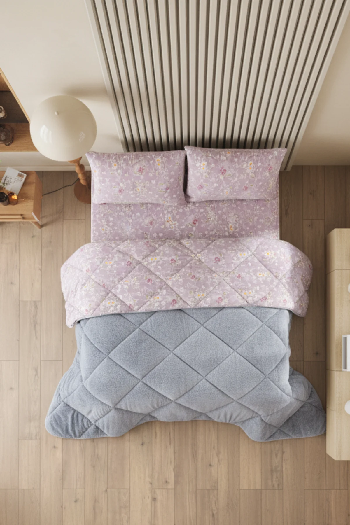 Nordelle Battal Boy Lüx Wellsoft Yorgan Çift Taraflı - 2 Adet Yastık Kılıflı Yorgan Seti 215x235 cm - Gri-Pudra