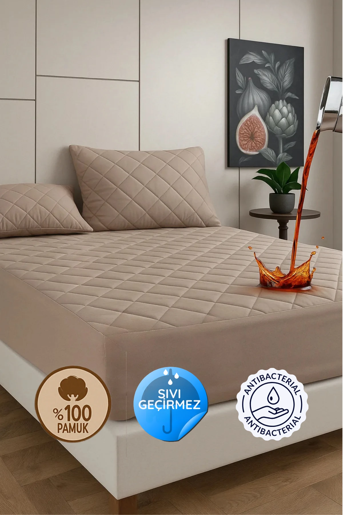 Pamukkale Renkli Alez Kahverengi %100 Pamuk Kapitone Sıvı Geçirmez Alez Çarşaf Fitted (15 Ebat)