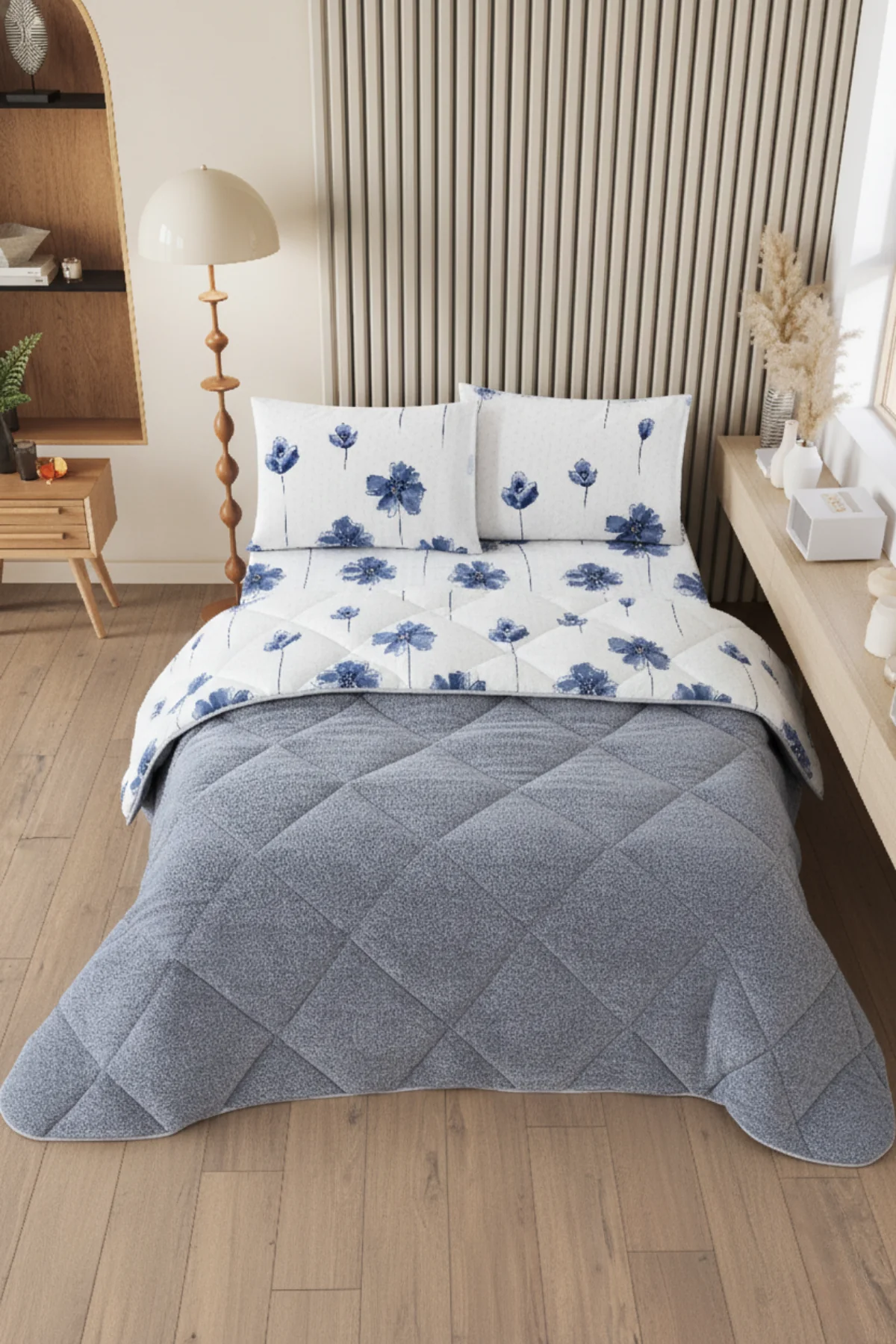 Nordelle Battal Boy Lüx Wellsoft Yorgan Çift Taraflı - 2 Adet Yastık Kılıflı Yorgan Seti 215x235 cm - Gri-Mavi