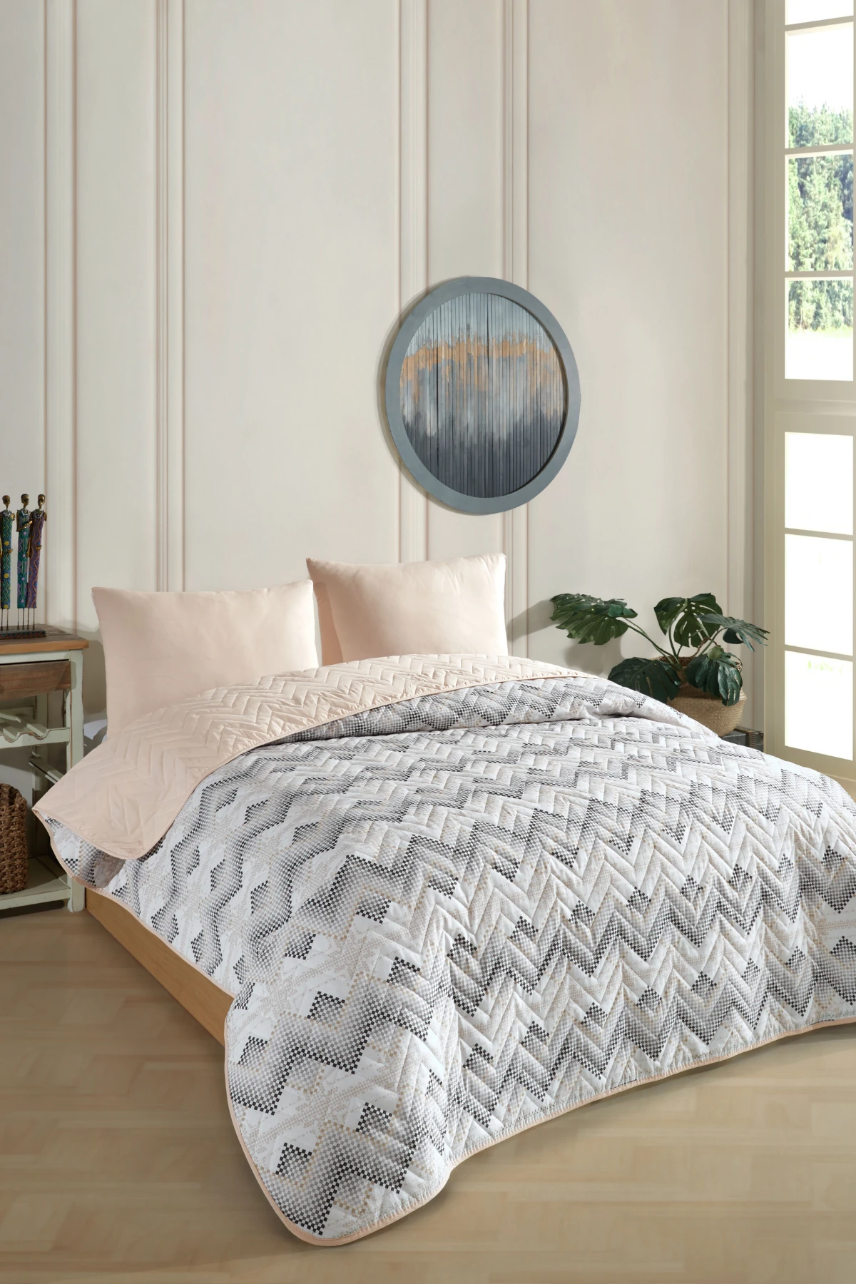 Çift Kişilik Desenli Kapitone Çift Taraflı Renkli Pike Yatak Örtüsü Takımı 200 x 230 cm (Çarşafsız) - Bej